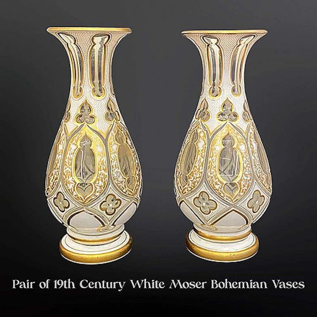 A Pair of 19th Century Bohemian Moser White Art Glass Crystal Vases