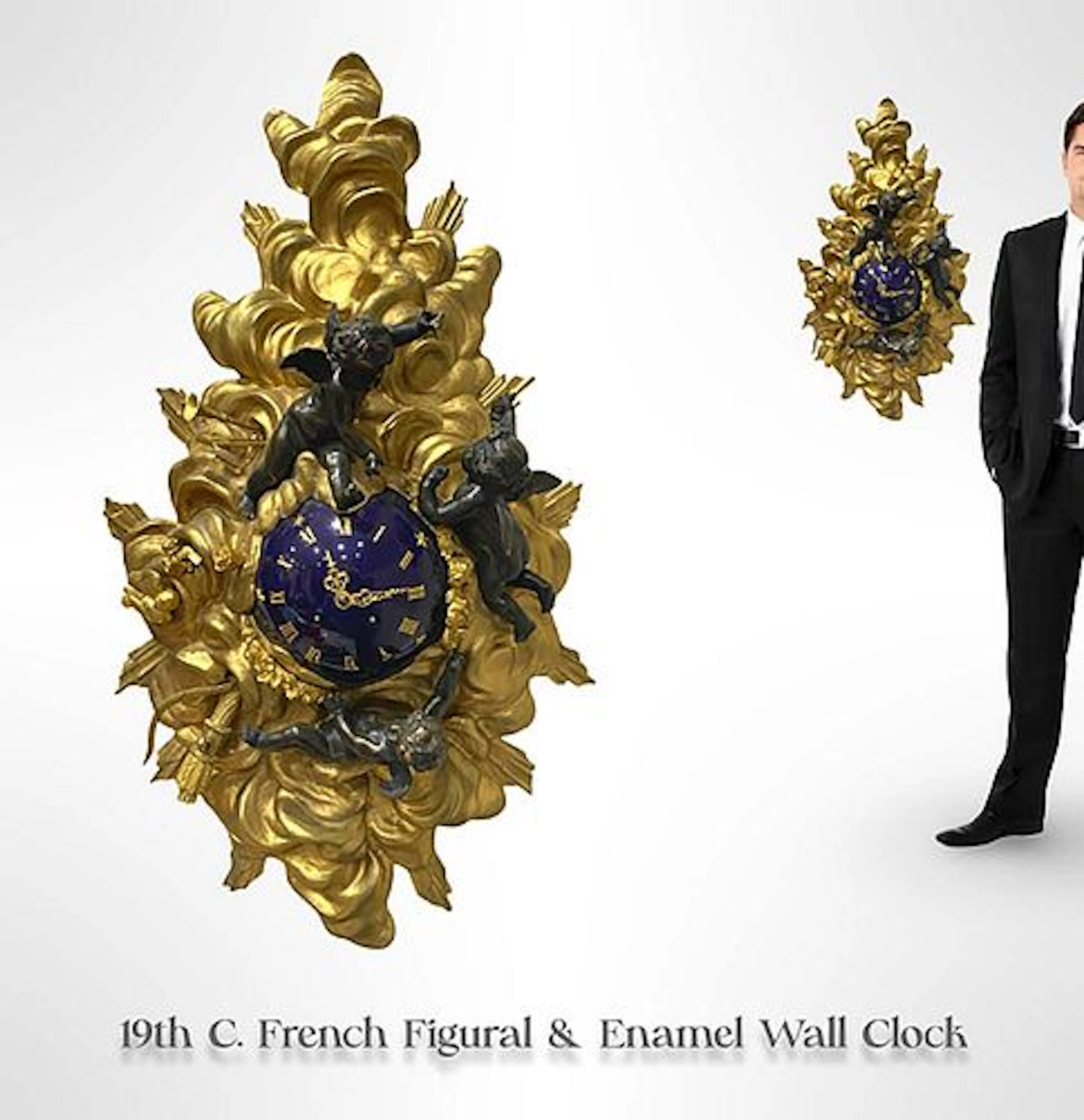 19th C. French Enamel Figural Bronze Wall Clock