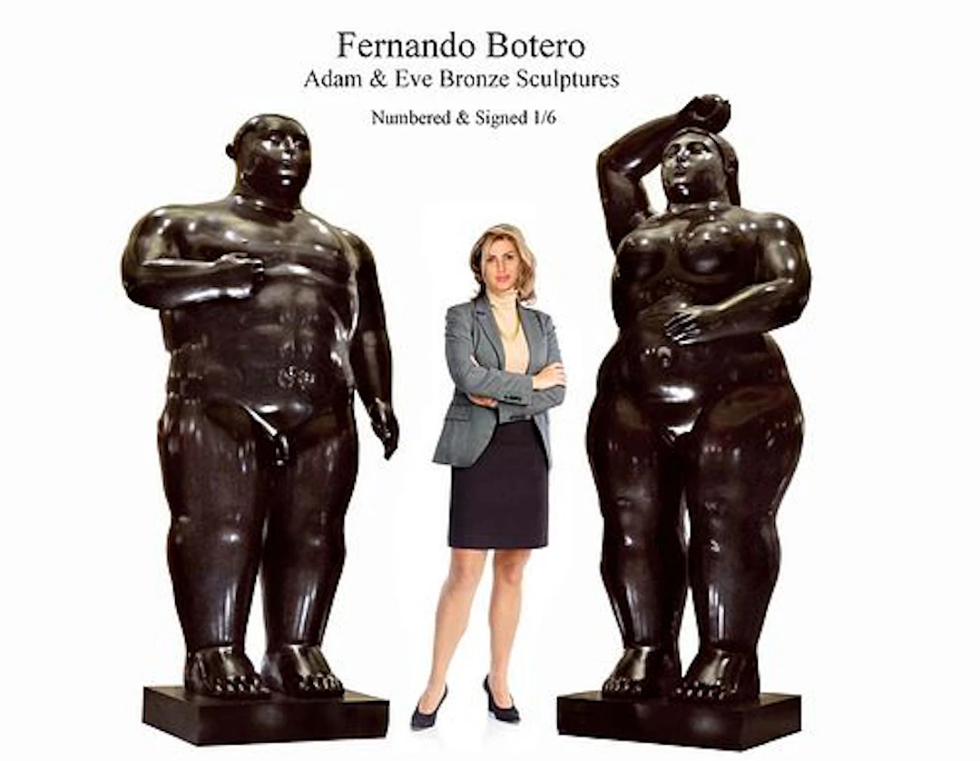 A Pair Of Monumental F. Botero Adam & Eve Bronze Sculptures, Numbered & Signed