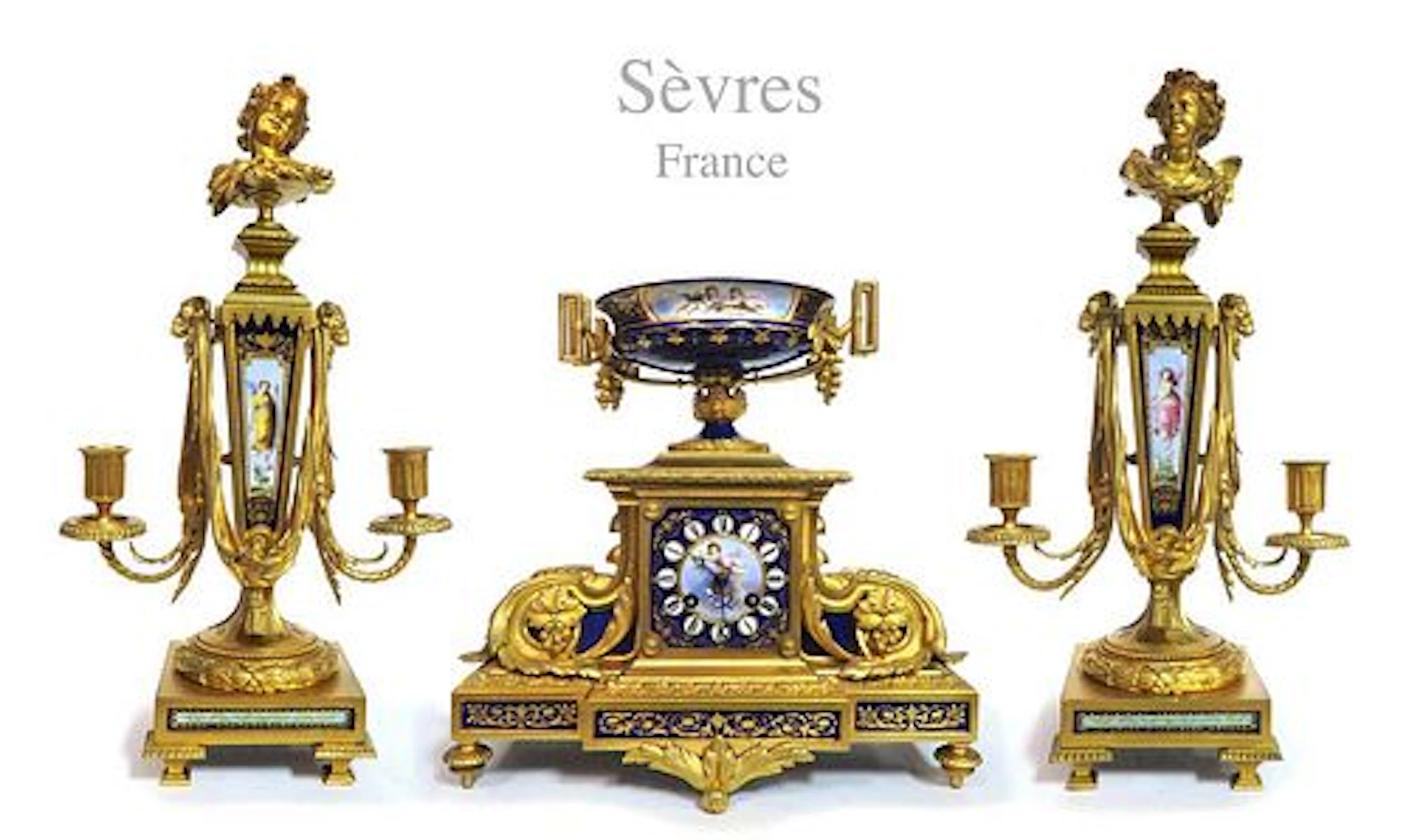 19th C. Sevres Gilt Bronze Jeweled Cobalt Clock Set