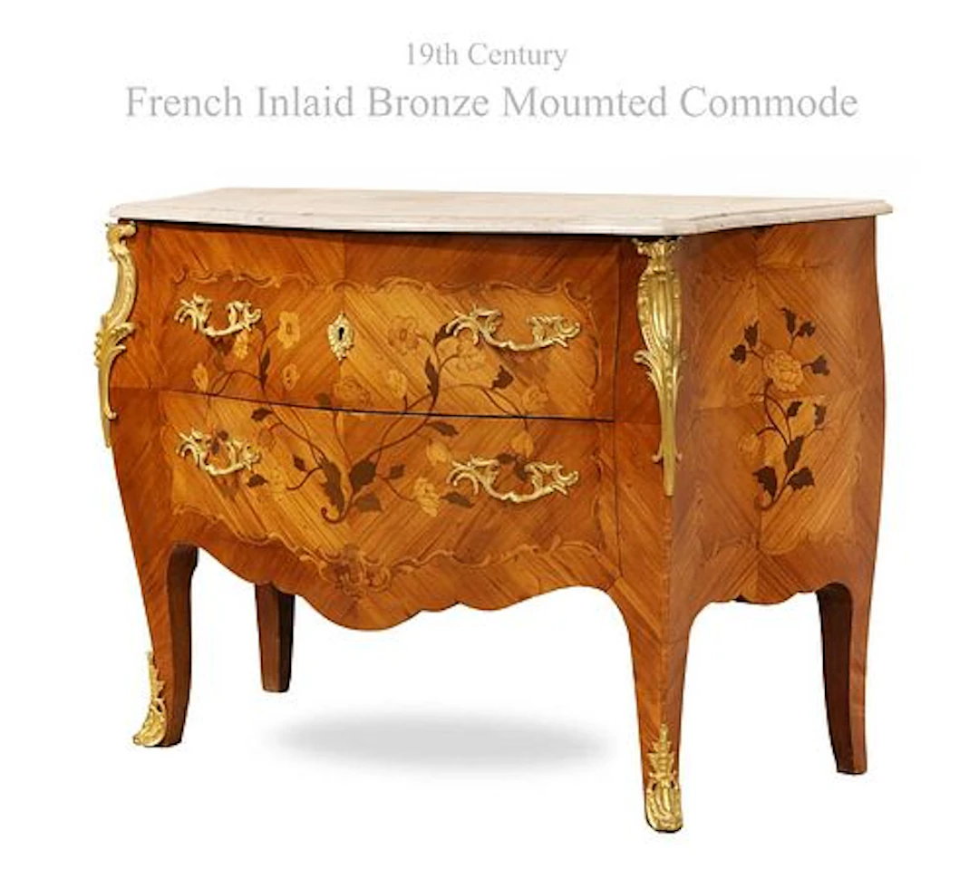 19th C. French Inlaid Bronze Mounted Top Marble Commode/Cabinet