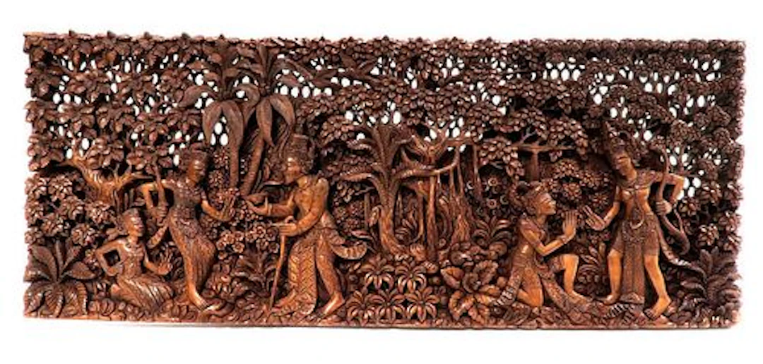 Vintage Figural Thai Wooden Carved Panel