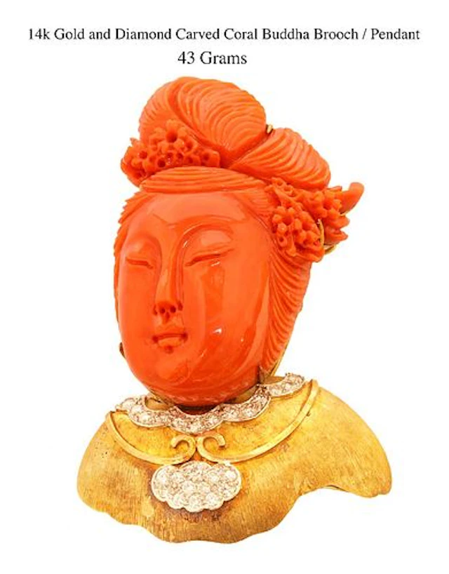 14k Gold & Diamond Carved Coral Buddha Brooch/Pendant