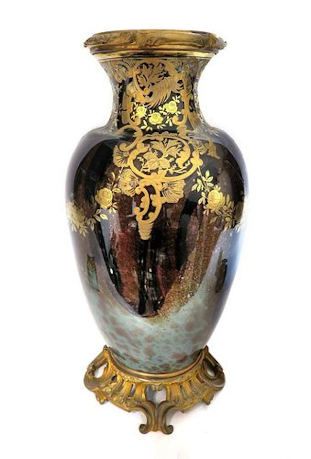 A Large Parcel Gilt & Bronze Mounted Mottled Glass Vase