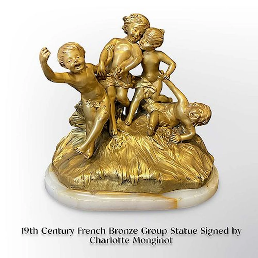 19th C. French Bronze Figurine Group Statue, Charlotte Monginot Signed