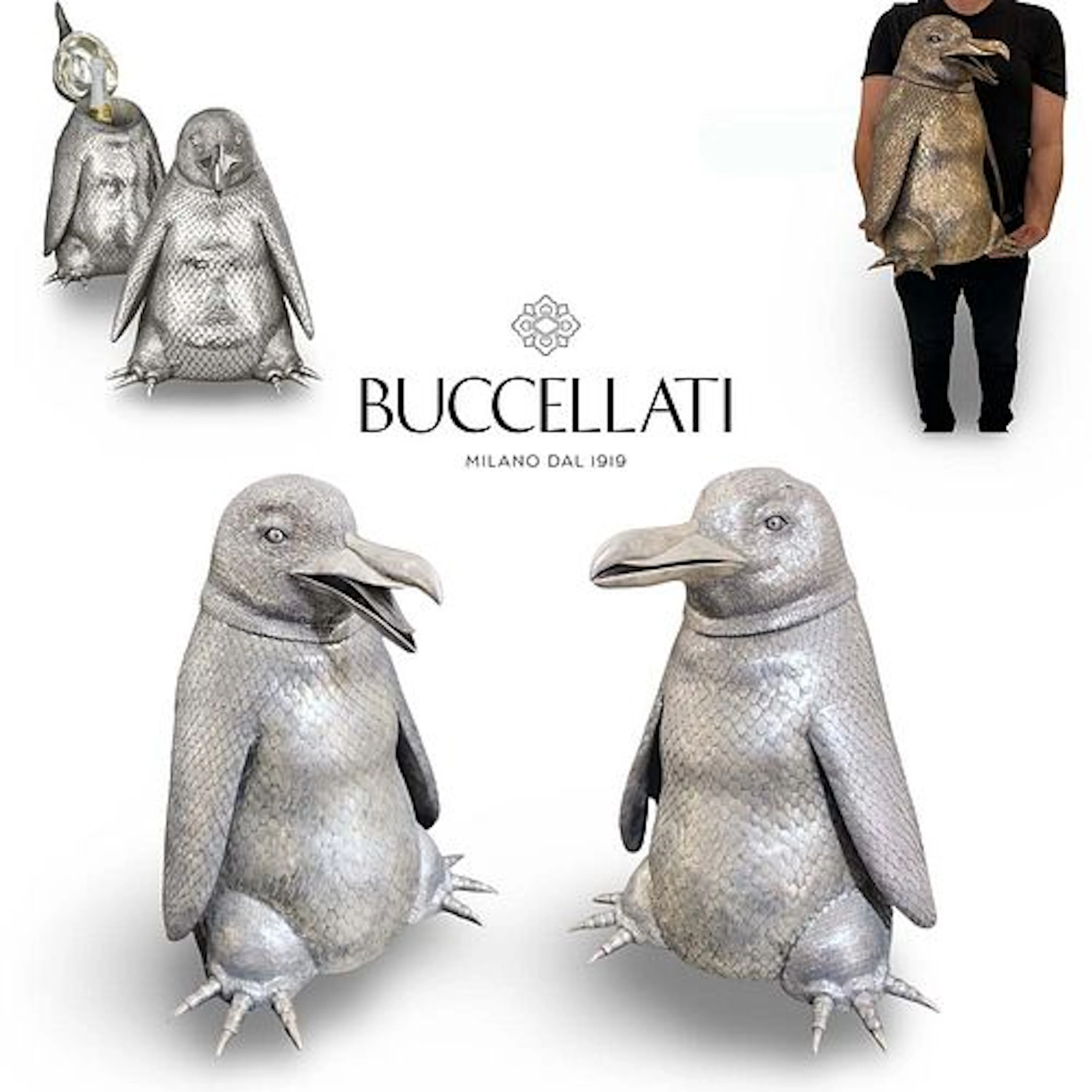 A Pair of Large Italian Buccellati Sterling Silver Figural Penguin