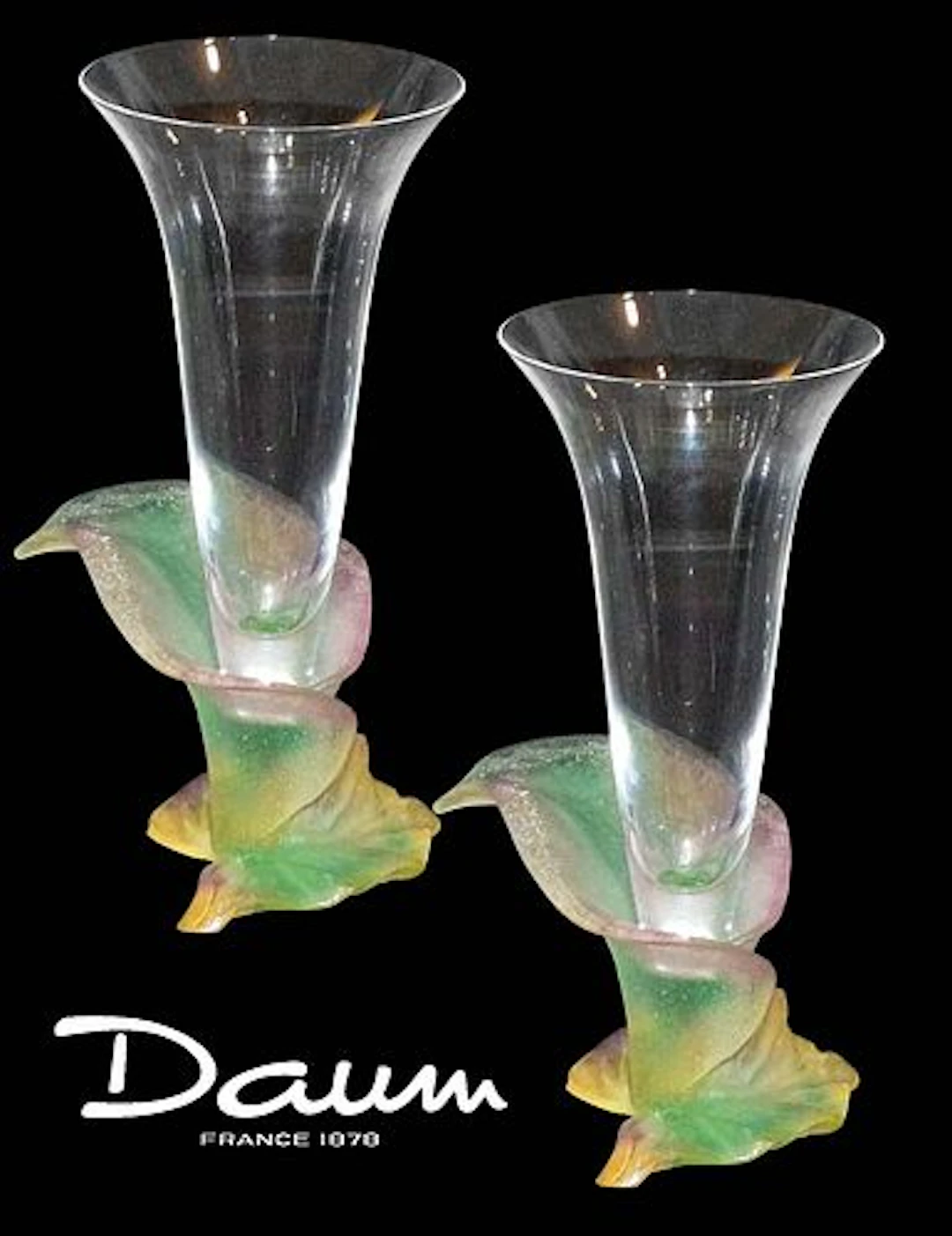 A Pair of French Daum Lily Pate De Verre Crystal Glass Vases, Signed