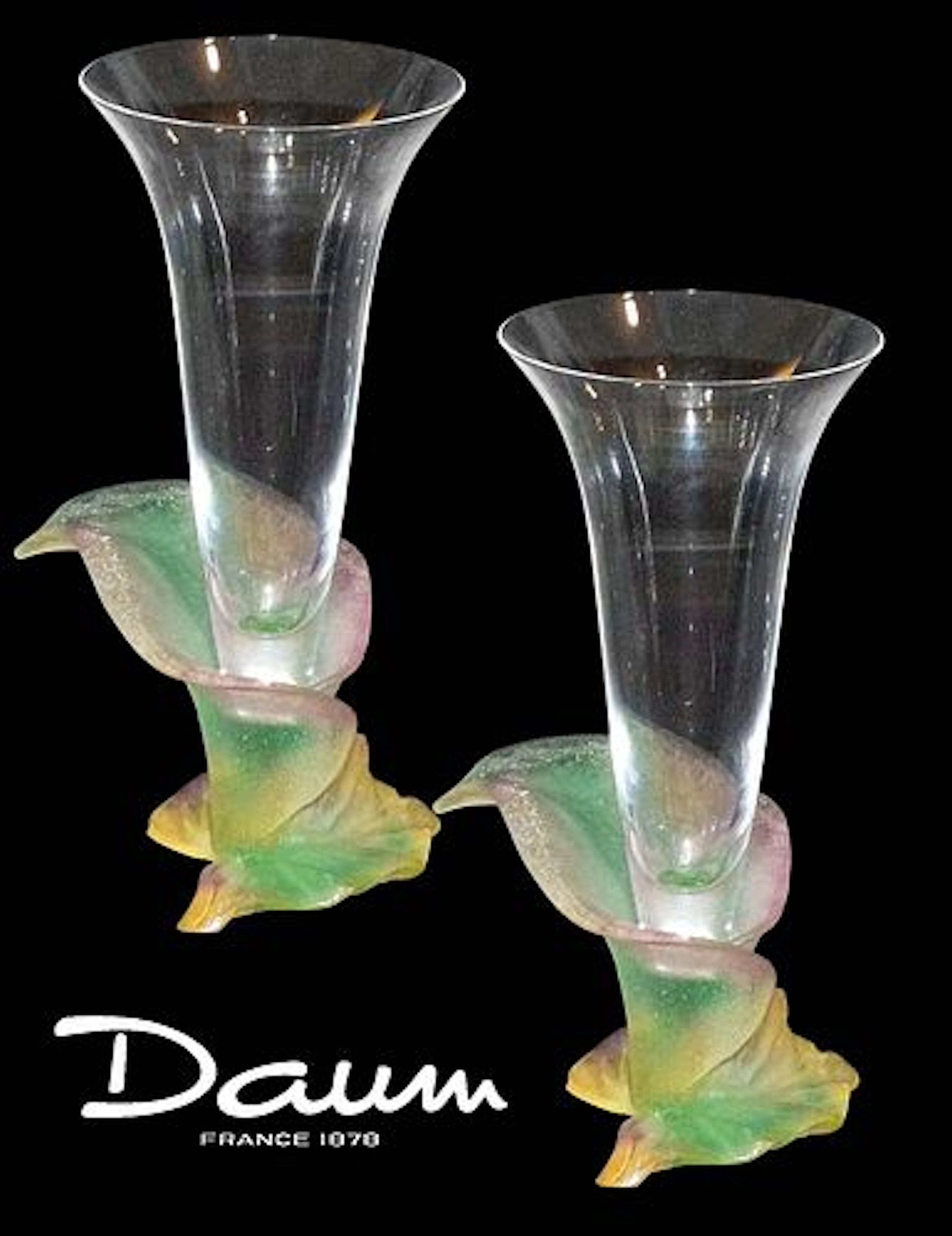 A Pair of French Daum Lily Pate De Verre Crystal Glass Vases, Signed
