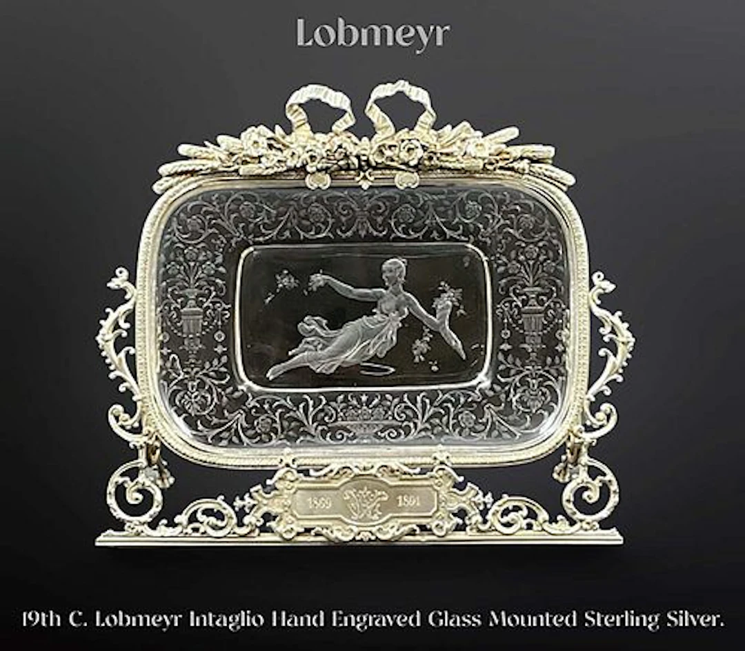 A Magnificent 19th C. Lobmeyr Intaglio Engraved Glass Sterling Silver