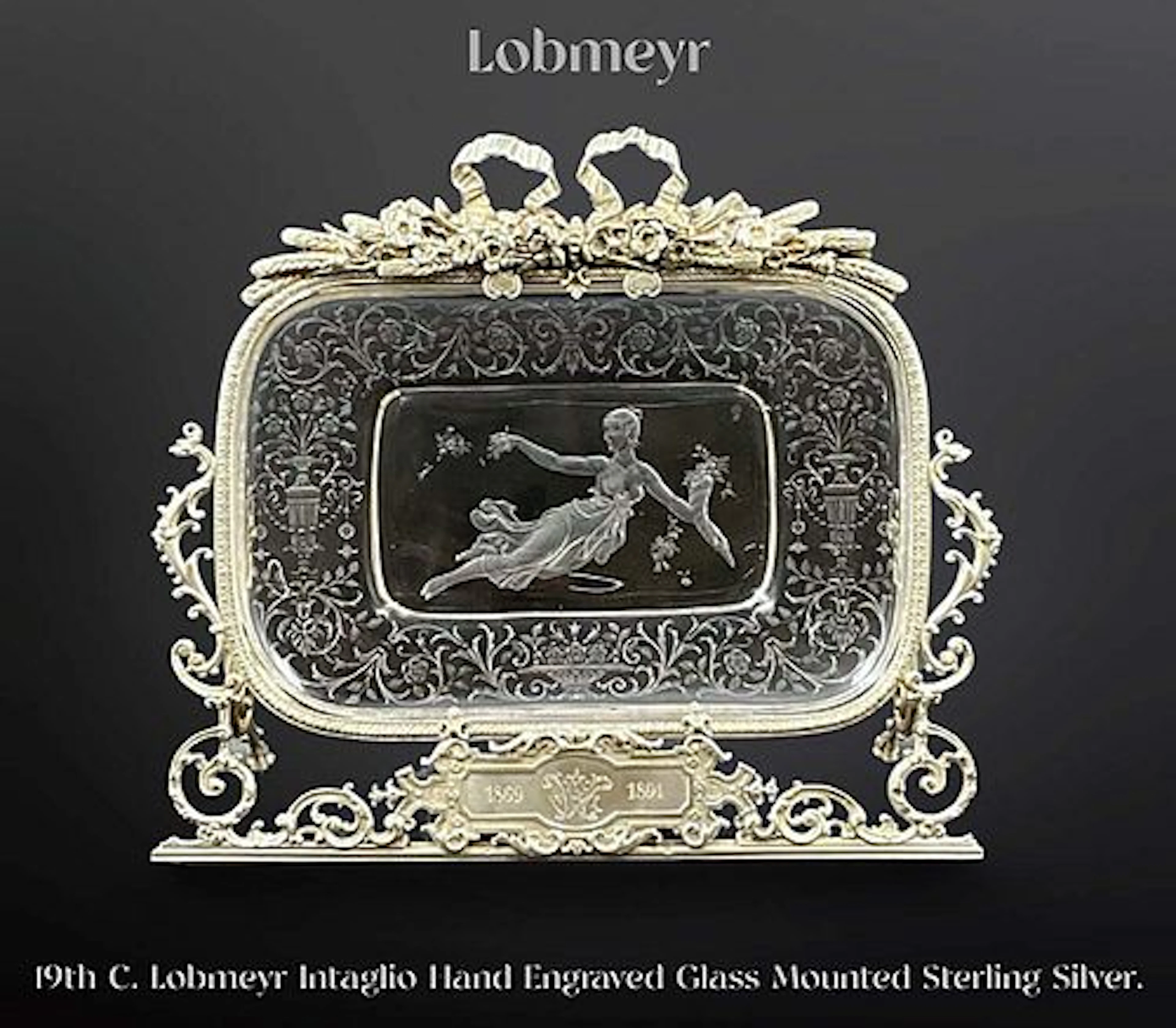 A Magnificent 19th C. Lobmeyr Intaglio Engraved Glass Sterling Silver