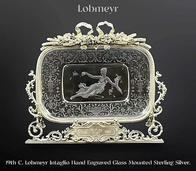A Magnificent 19th C. Lobmeyr Intaglio Engraved Glass Sterling Silver