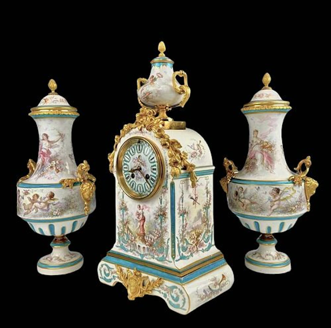 French Bronze & Sevres Hand Painted Porcelain Clock Set