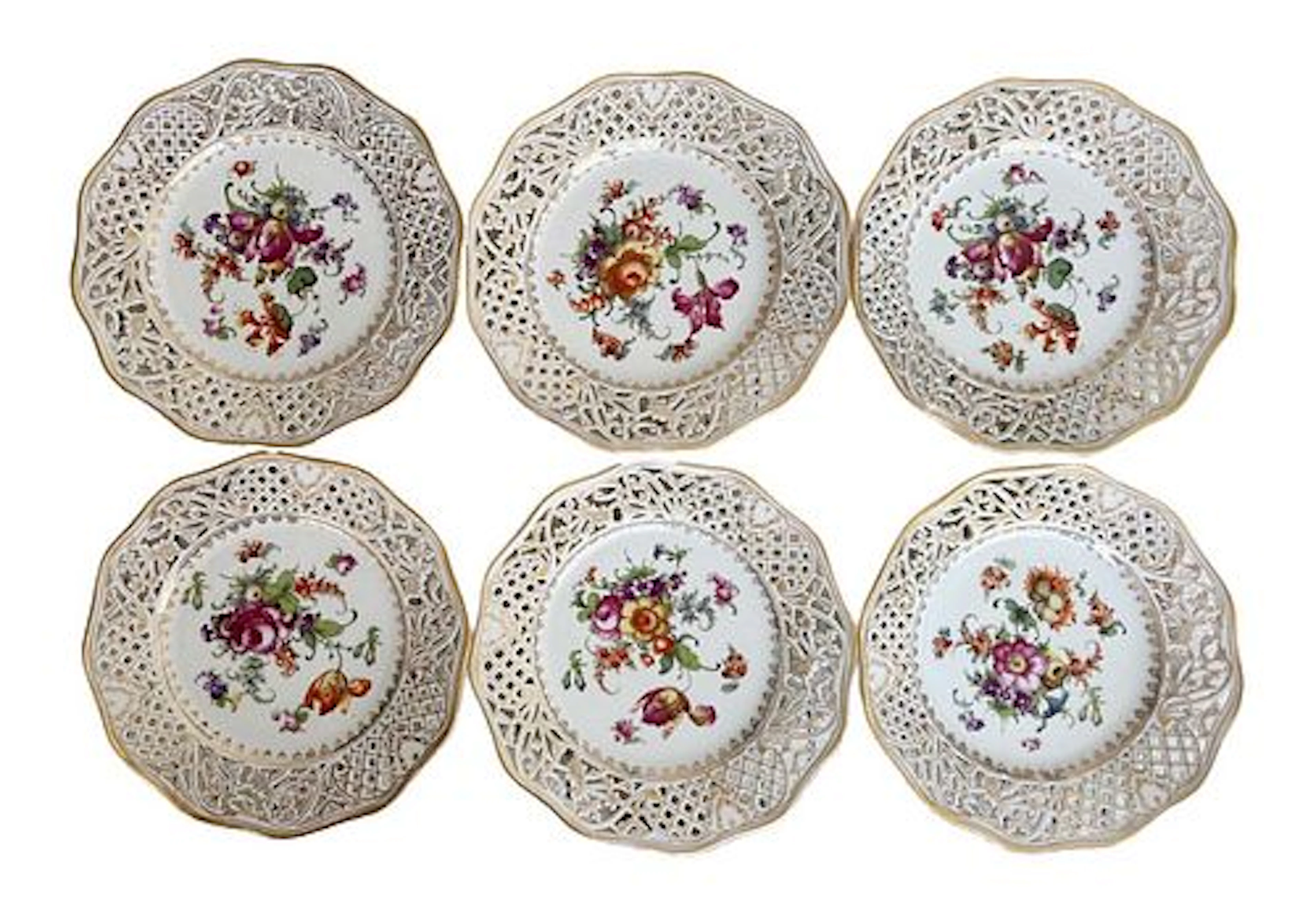 Set of Six Meissen Style Floral Dessert Plates