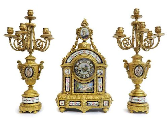 19th C. French Bronze & Sevres Porcelain Clock Set