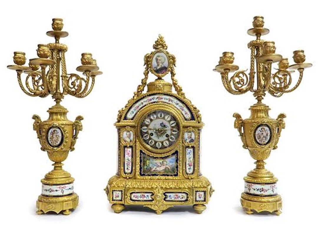 19th C. French Bronze & Sevres Porcelain Clock Set