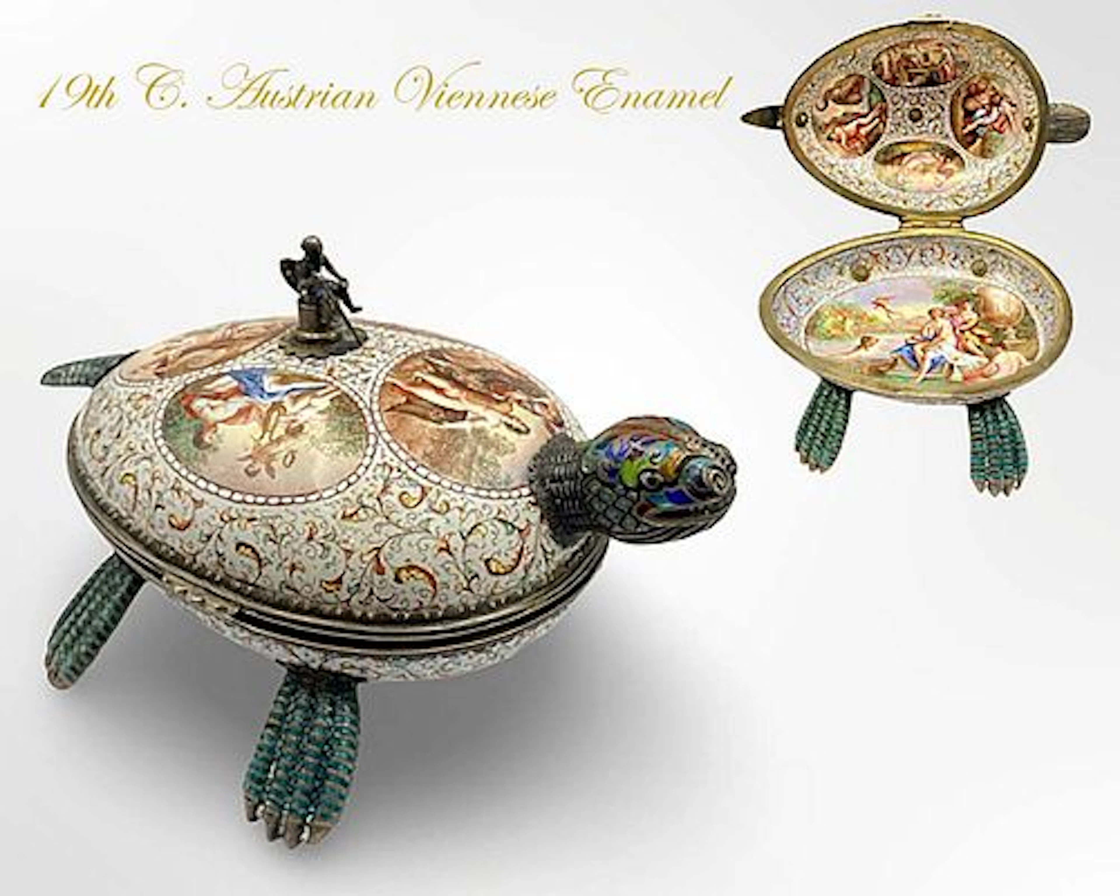 19th C. Austrian Viennese Enameled Silver Turtle Figural Jewelry Box
