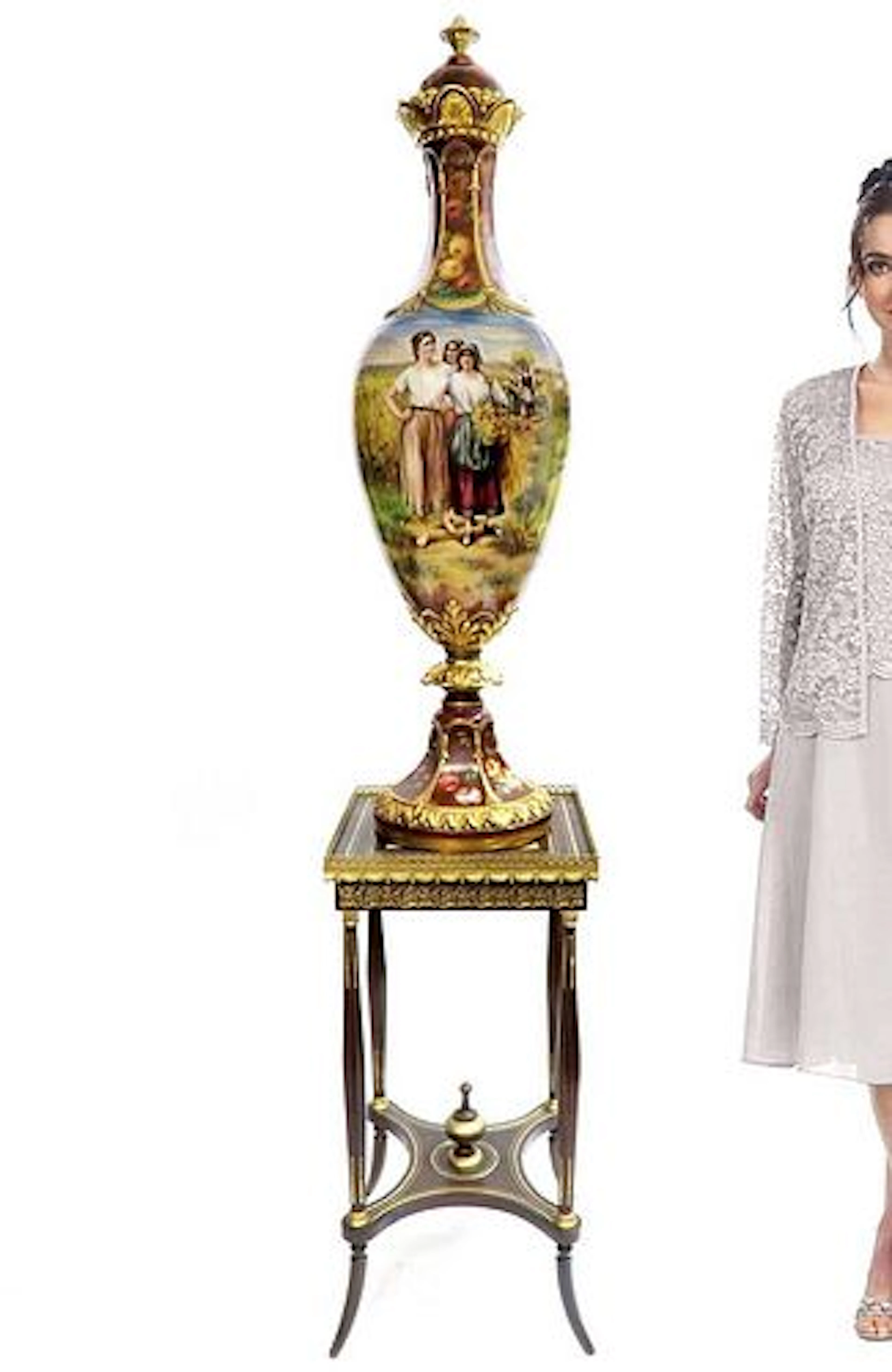 Monumental Royal Bonn Hand Painted Covered Vase 48"
