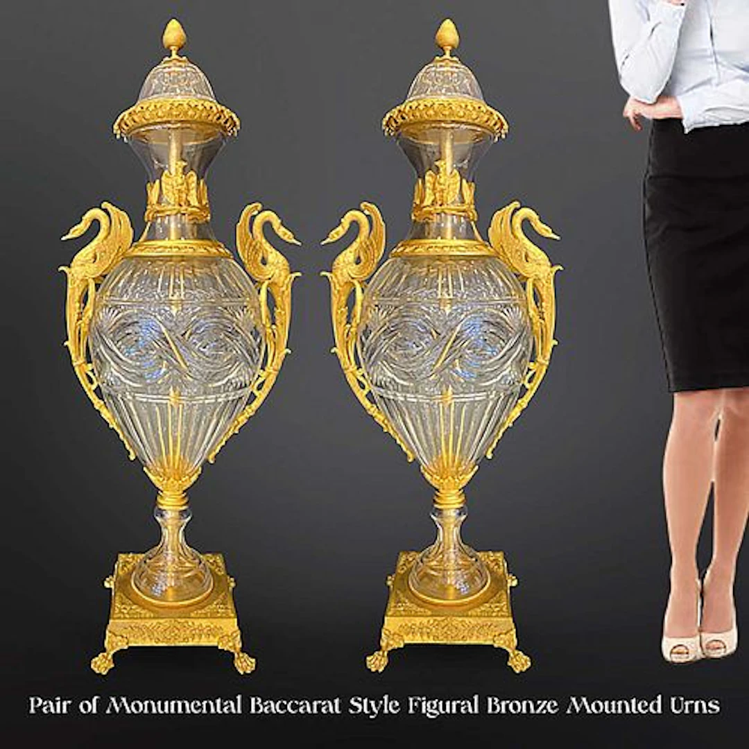 A Pair of Monumental Baccarat Style Crystal Figural Bronze Lidded Urns