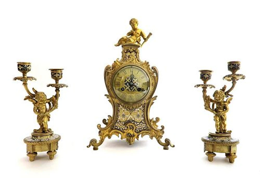 19th C. Judaica Champleve & Bronze Clock Set
