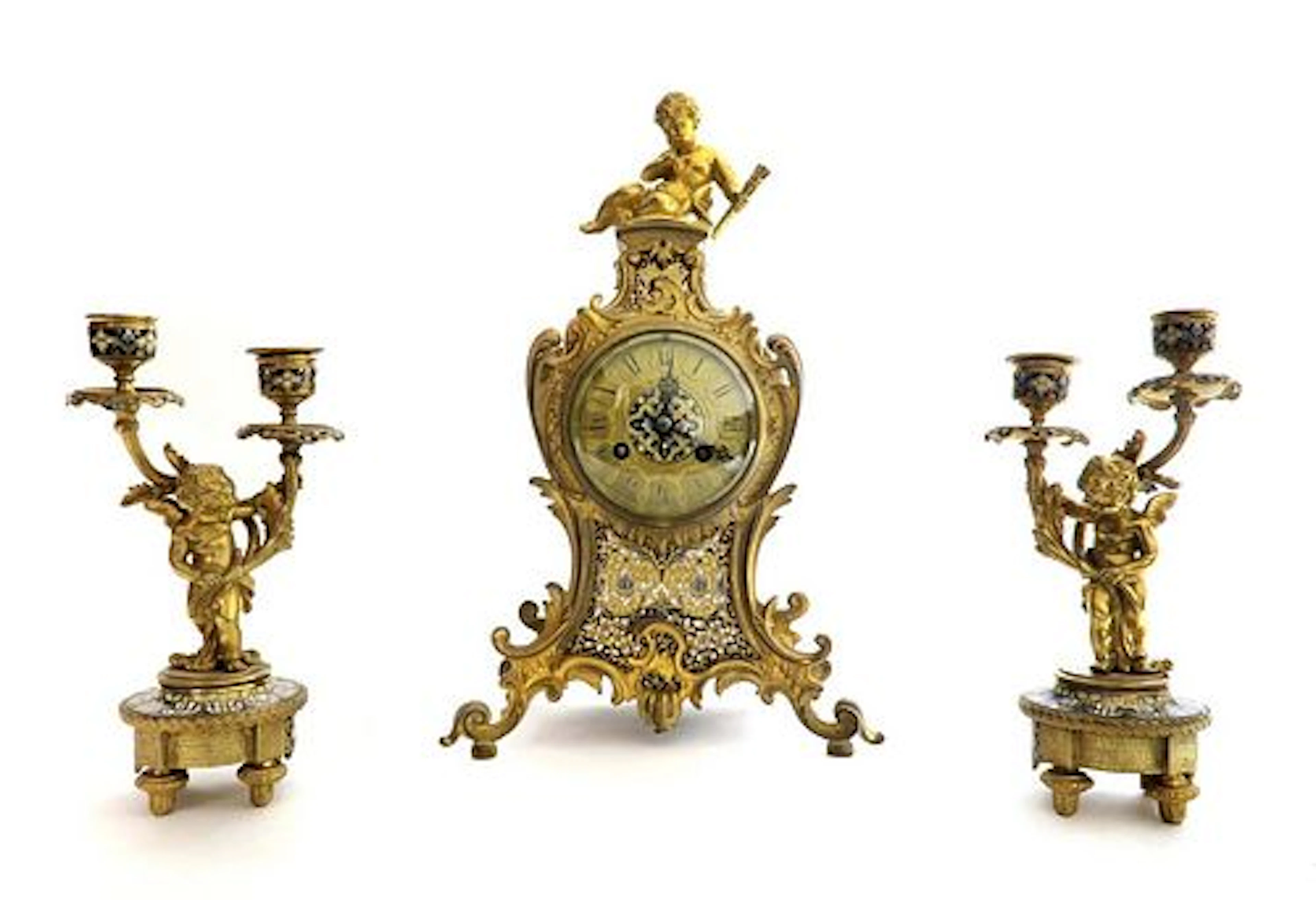 19th C. Judaica Champleve & Bronze Clock Set