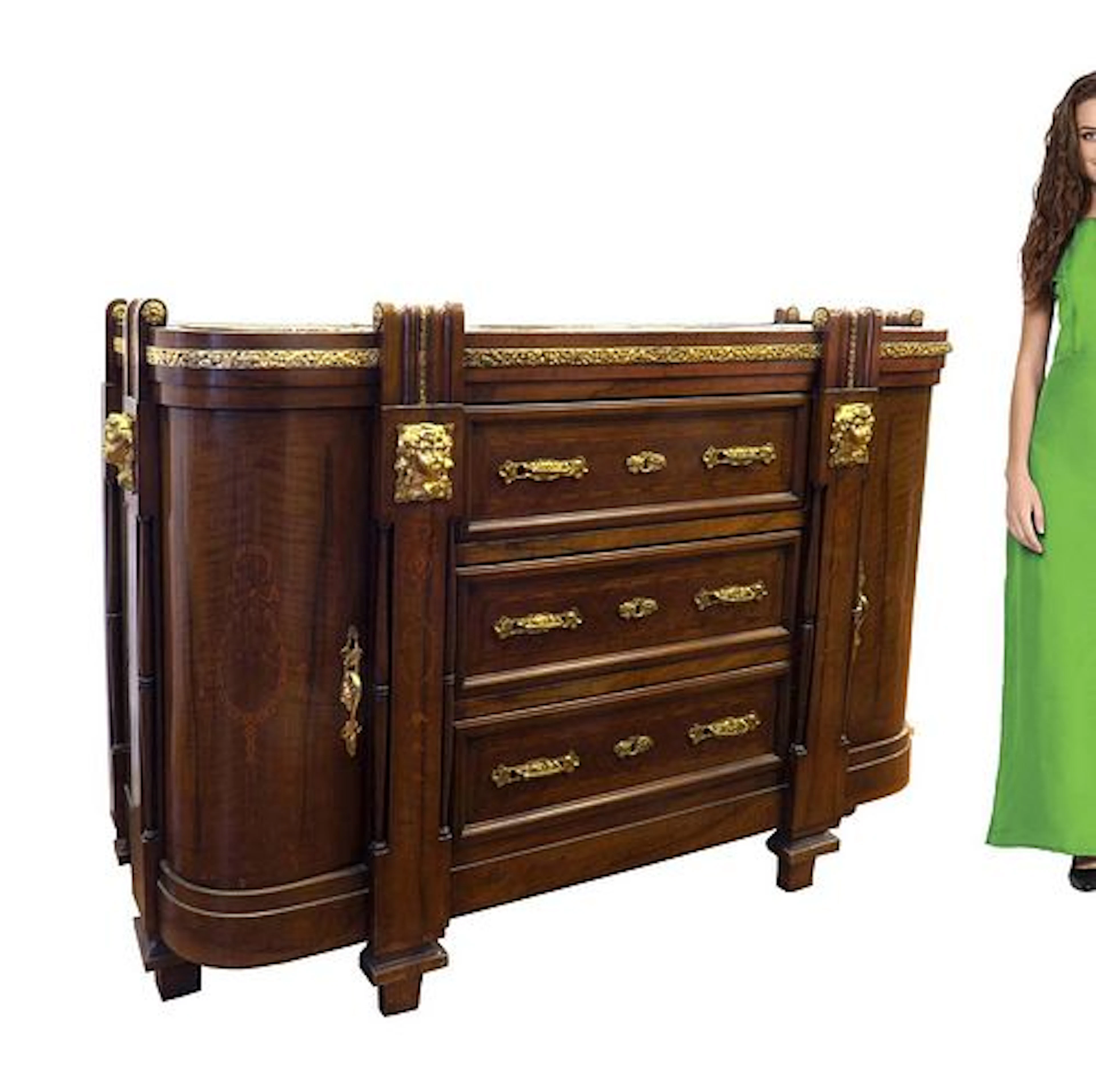 French Figural Bronze Marquetry Inlaid & Marble Commode
