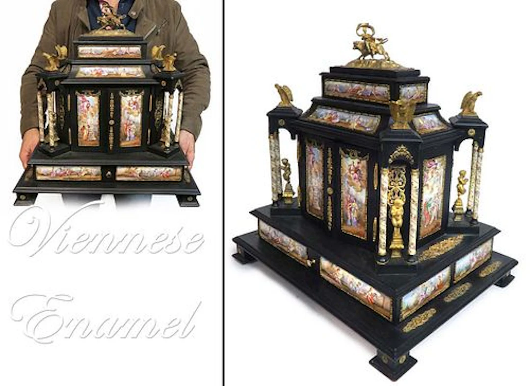 Very Large 19th C Viennese Enamel Mounted Table Cabinet