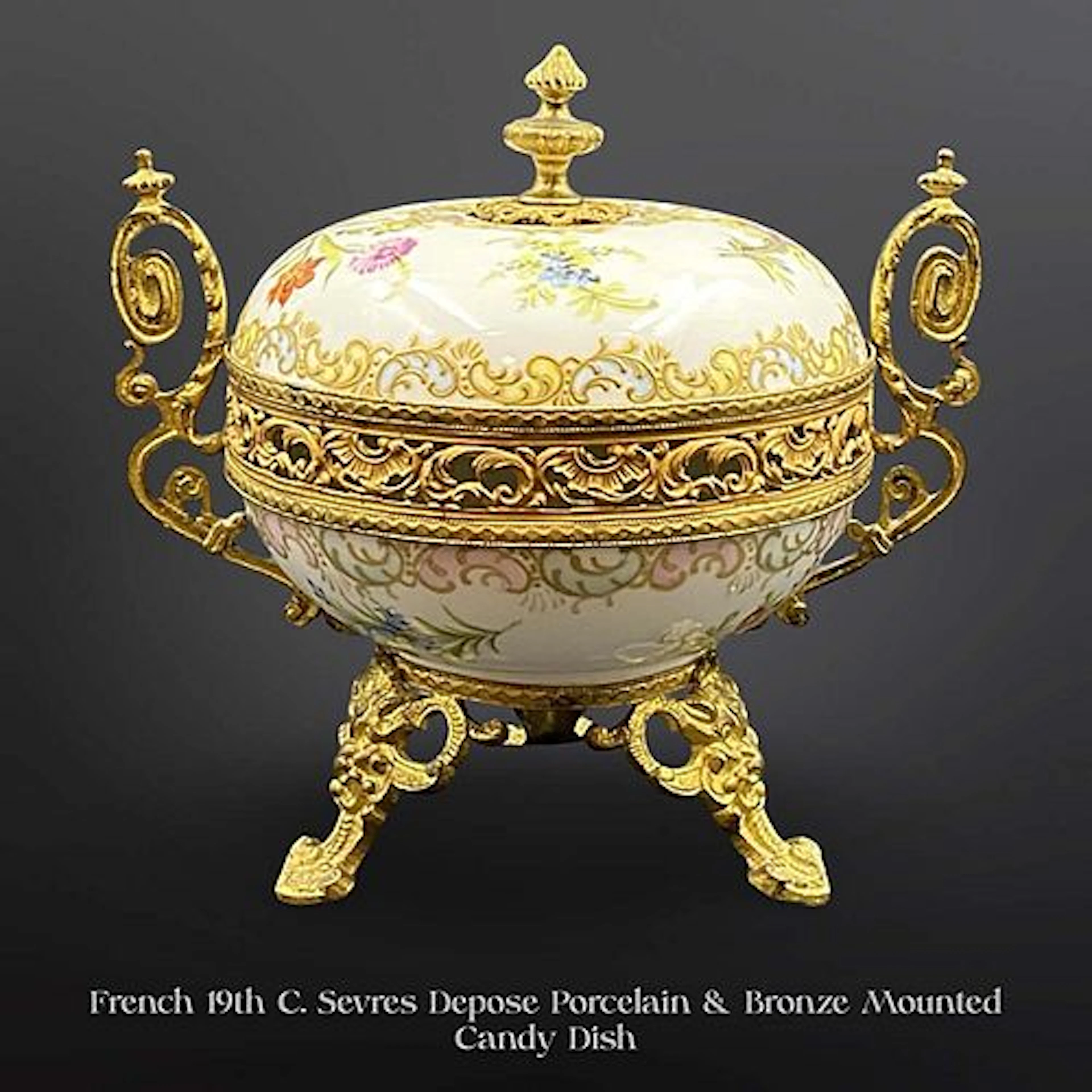 19th C. French Sevres Depose Porcelain & Bronze Lidded Candy Dish