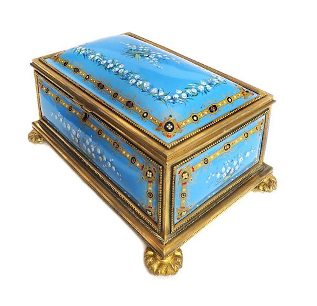 Large 19th C Jewelled Enamel Gilt Bronze Jewelry Casket