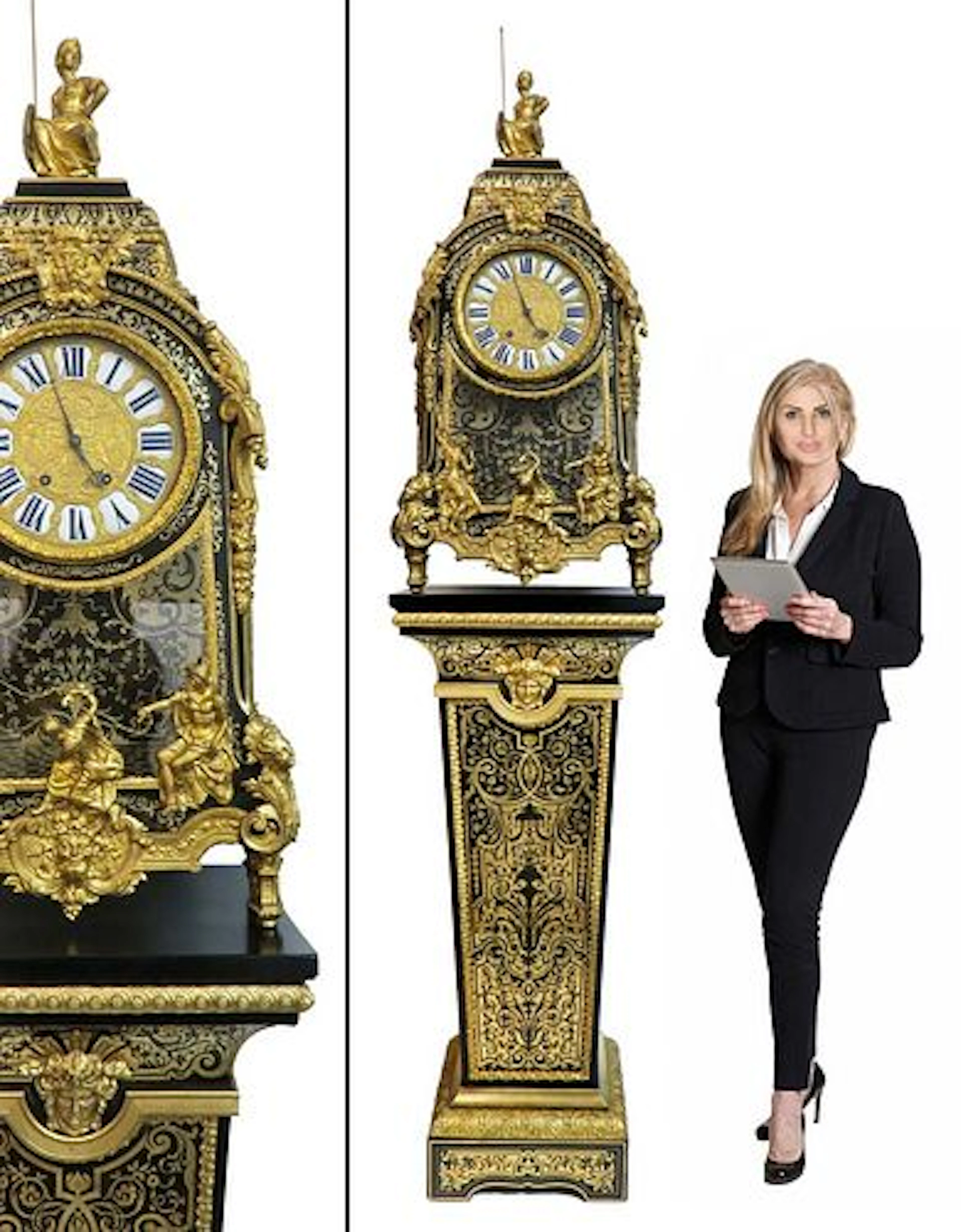 19th C. BRONZE BOULLE FIGURAL CLOCK ON PEDESTAL
