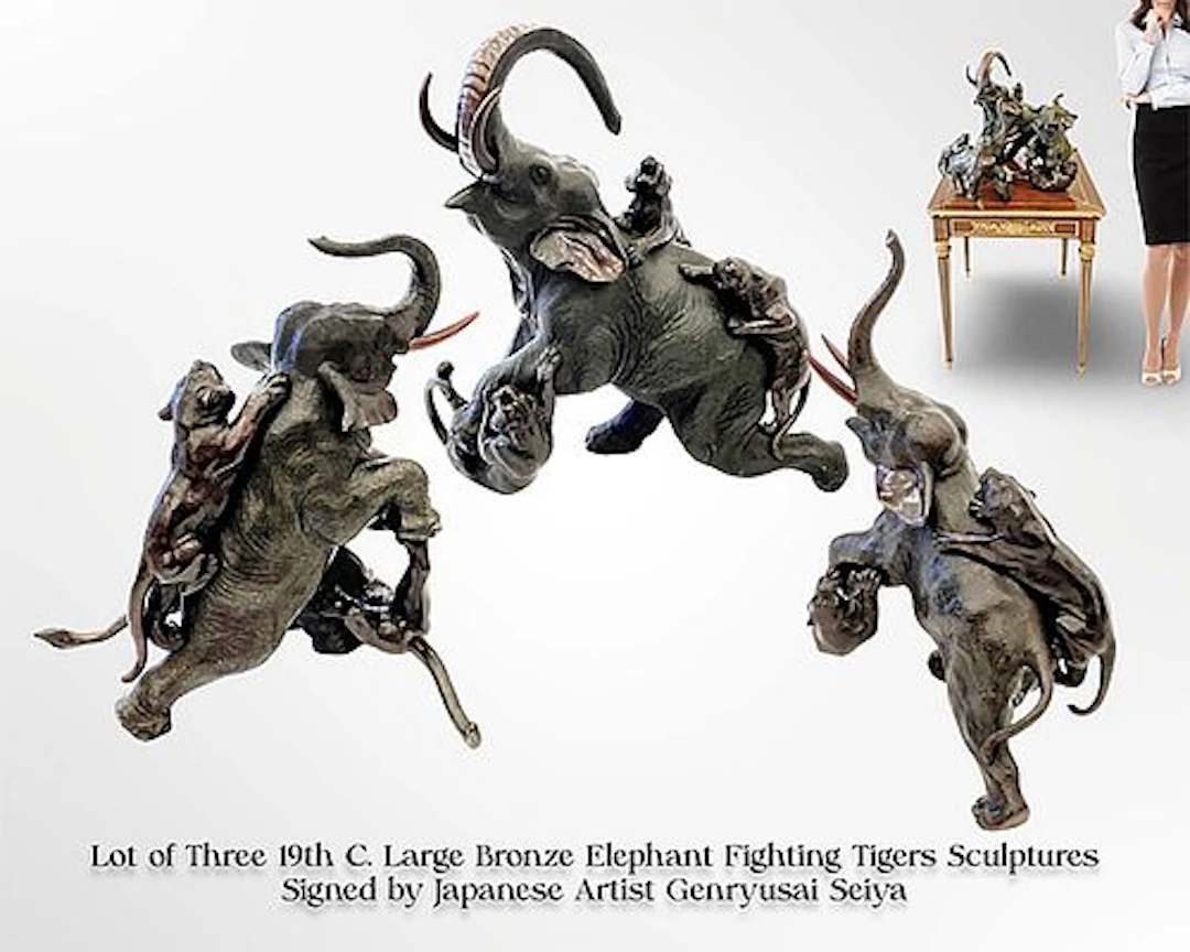 A Lot of 3 Large 19th C. Japanese Elephant Fighting Tigers Bronze