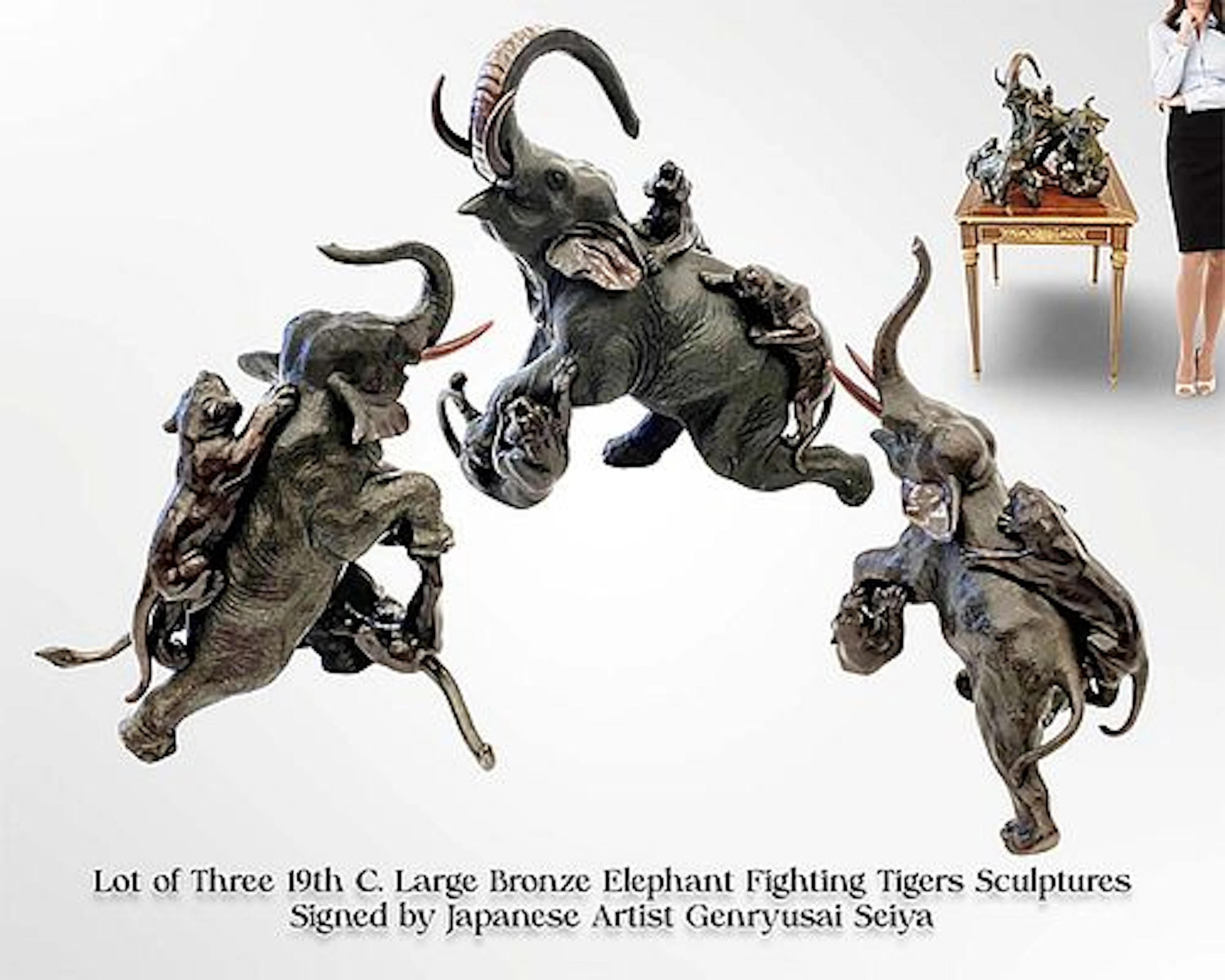 A Lot of 3 Large 19th C. Japanese Elephant Fighting Tigers Bronze