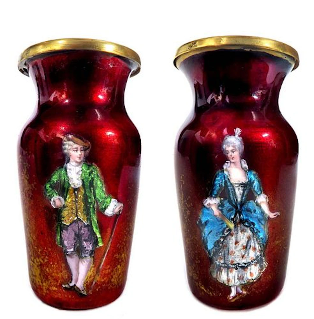 A Pair of 19th C. French Enamel on Copper Vases