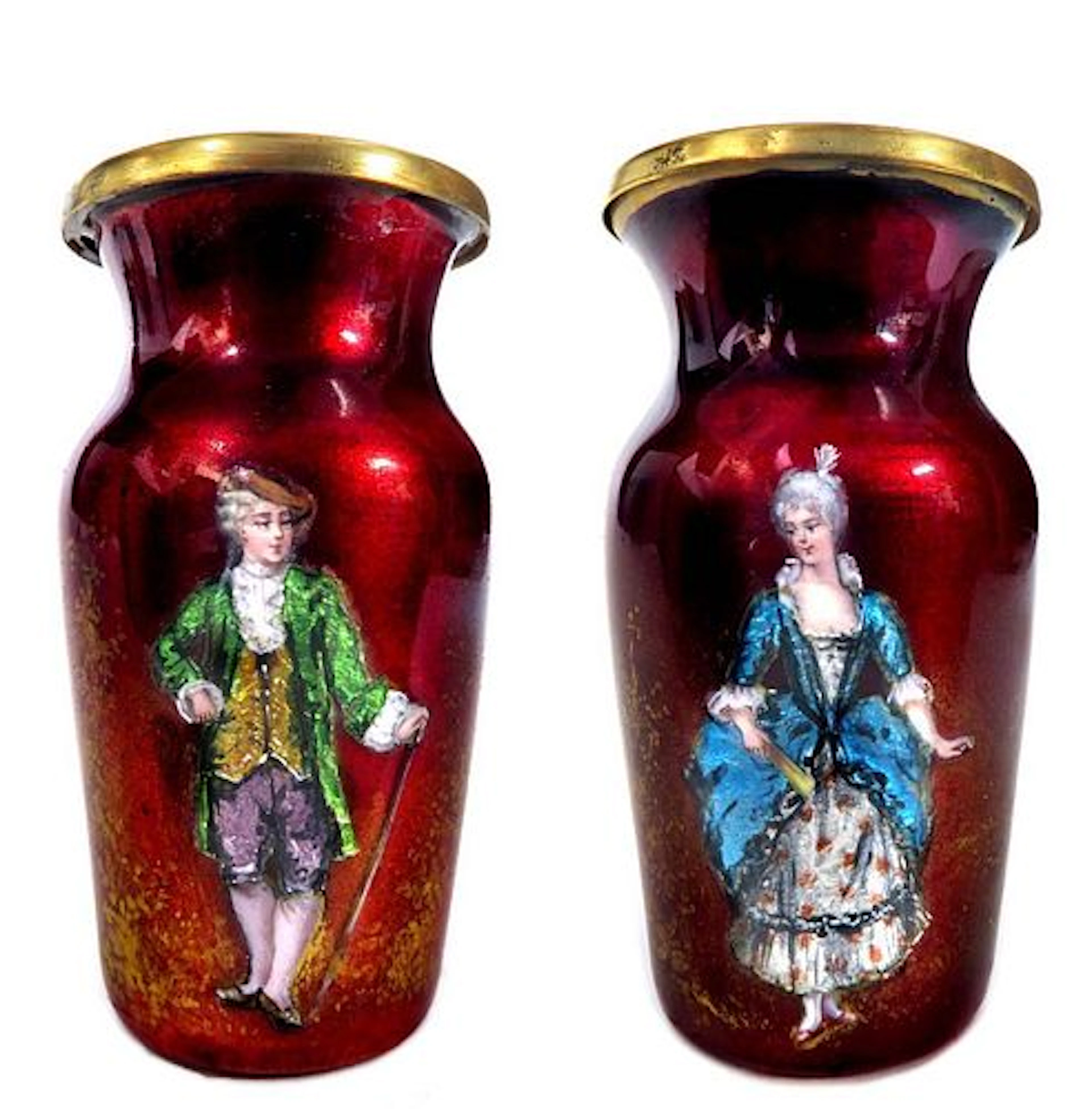 A Pair of 19th C. French Enamel on Copper Vases
