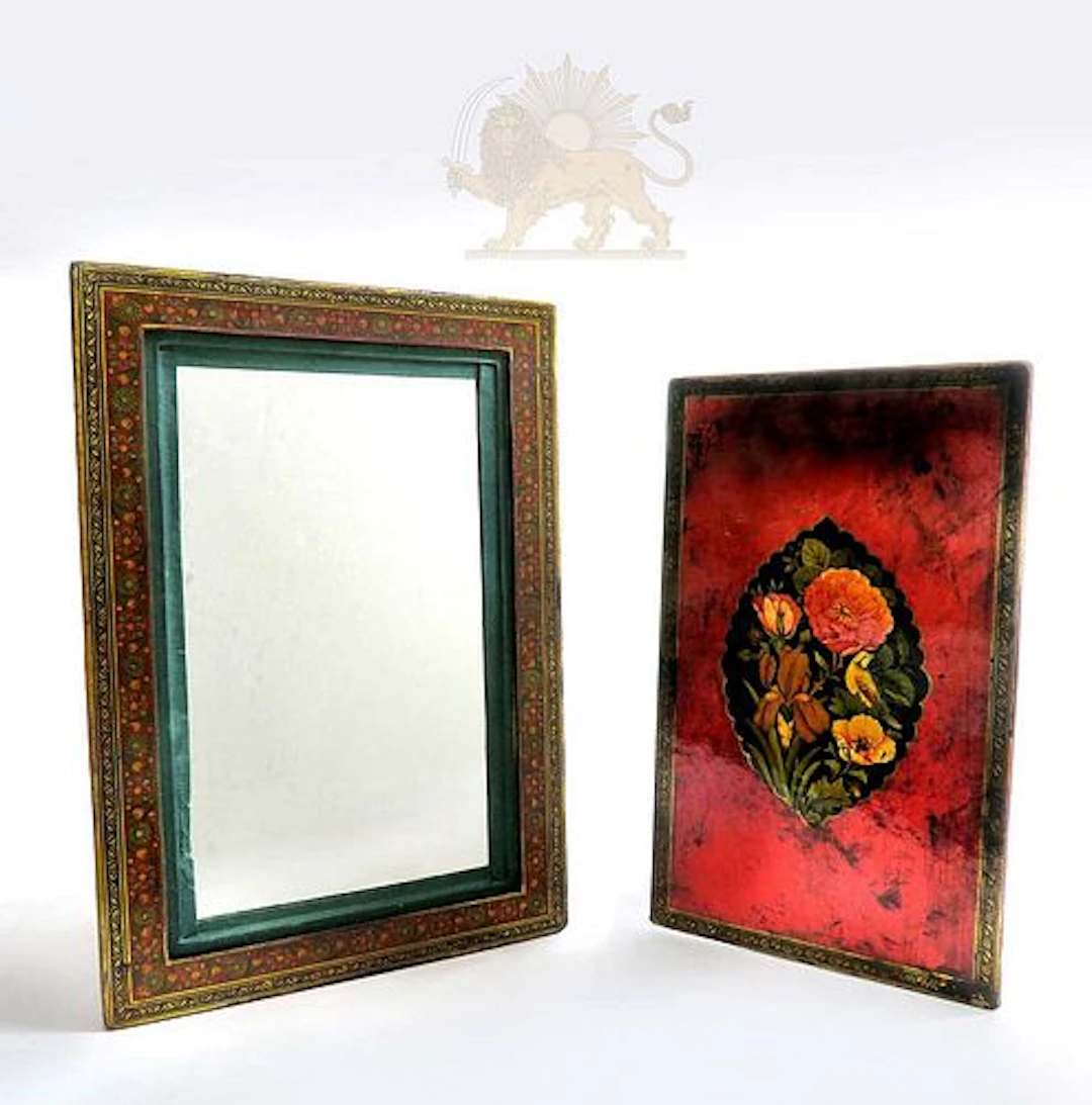 A QAJAR POLYCHROME LACQUER PAPIER MACHE MIRROR CASE