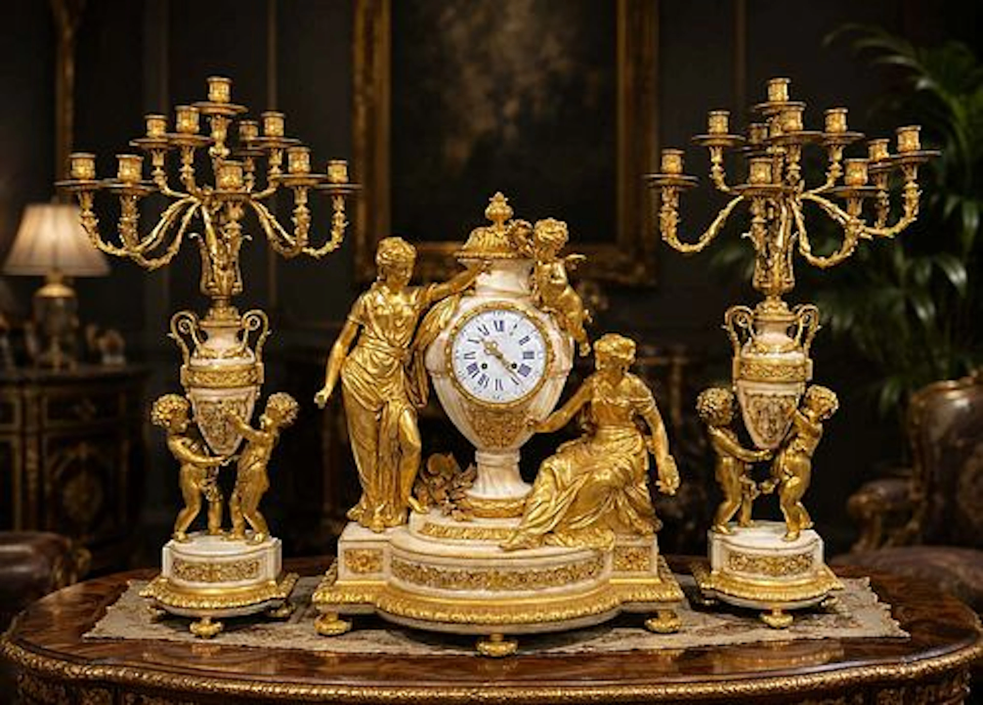 19th C. French Figural Bronze Marble Clock Set
