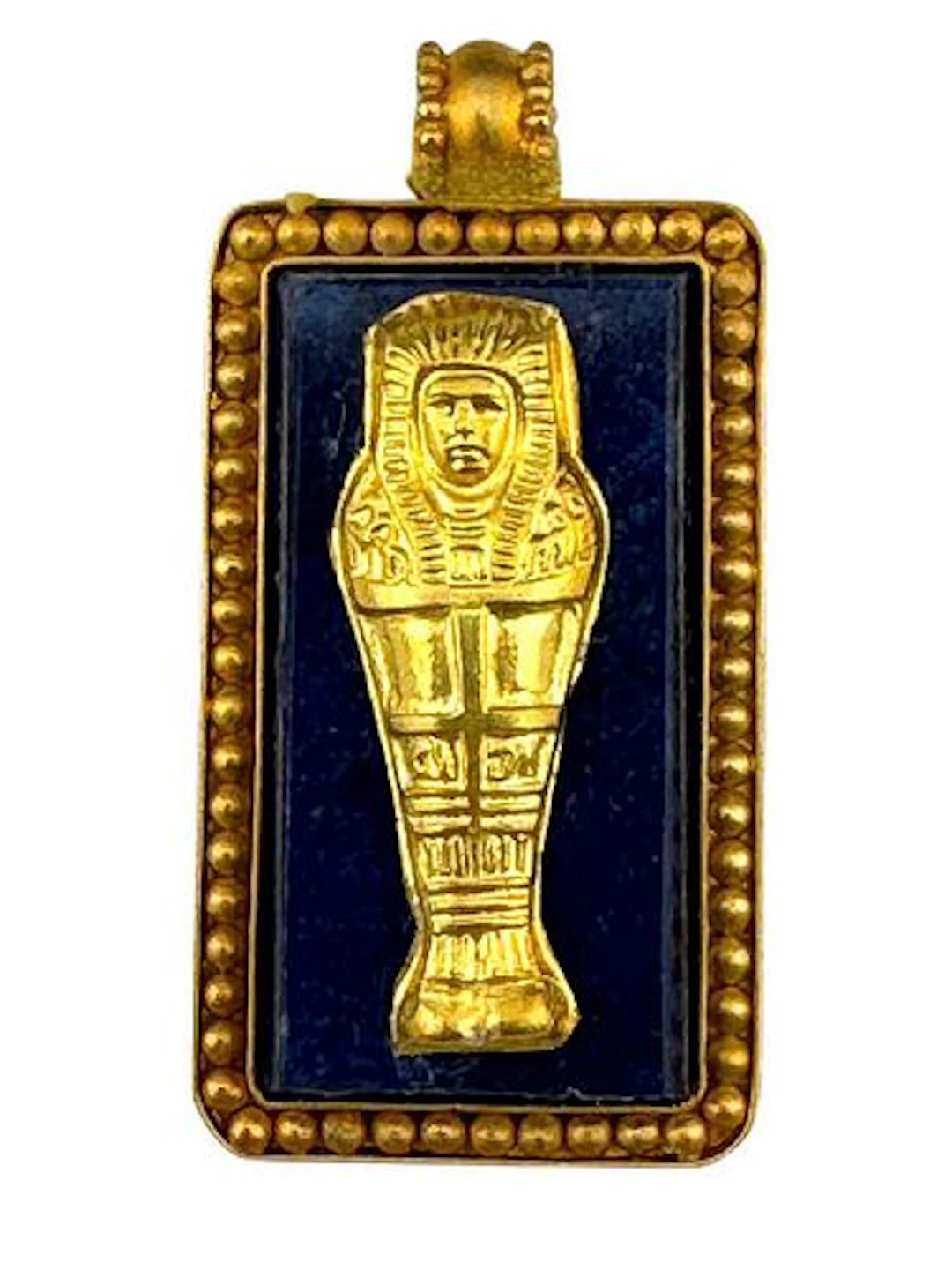 An Egyptian Sarcophagus Figural Engraved Gold & Lapis Pendant Plaque