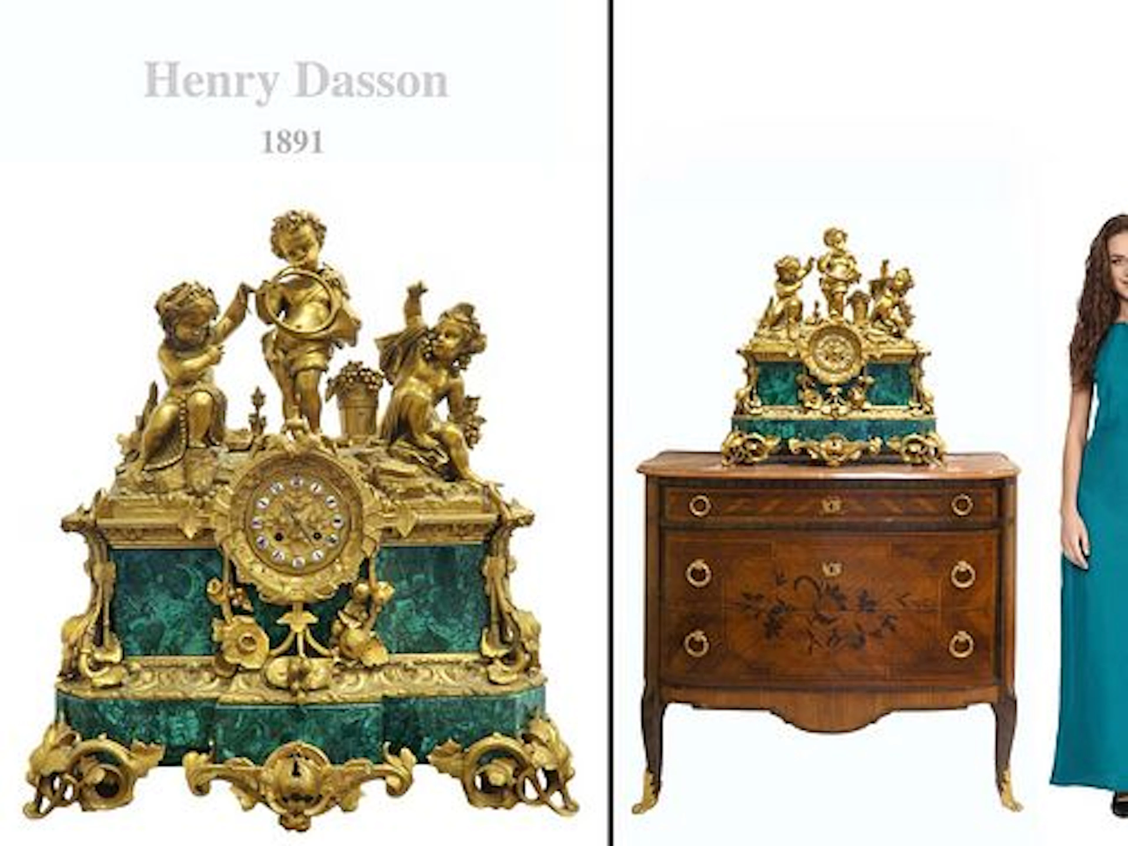 LARGE HENRY DASSON FIGURAL BRONZE & MALACHITE CLOCK