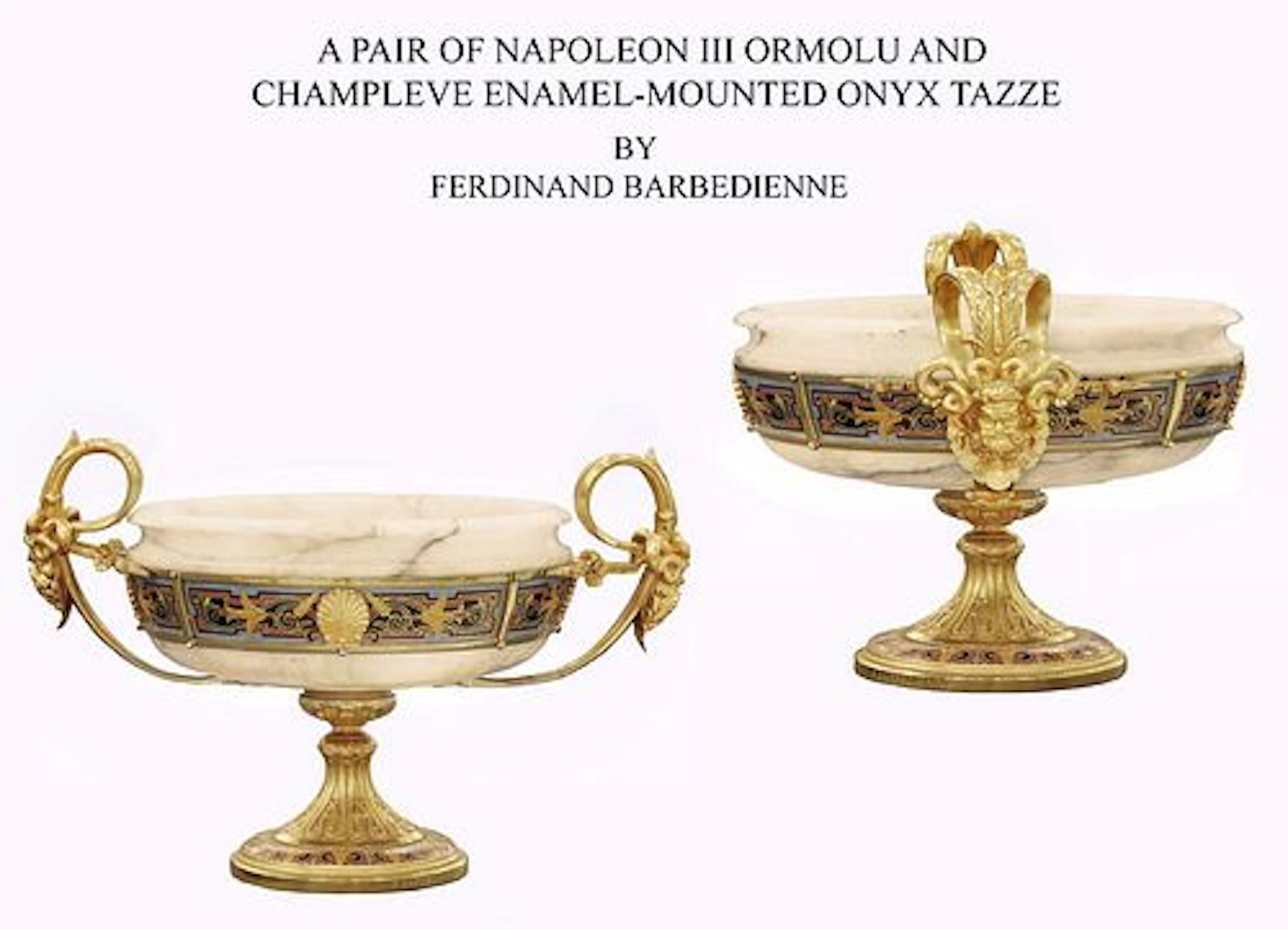 A PAIR OF 19TH C. F.BARBEDIENNE NAPOLEON III BRONZE CHAMPLEVE ONYX