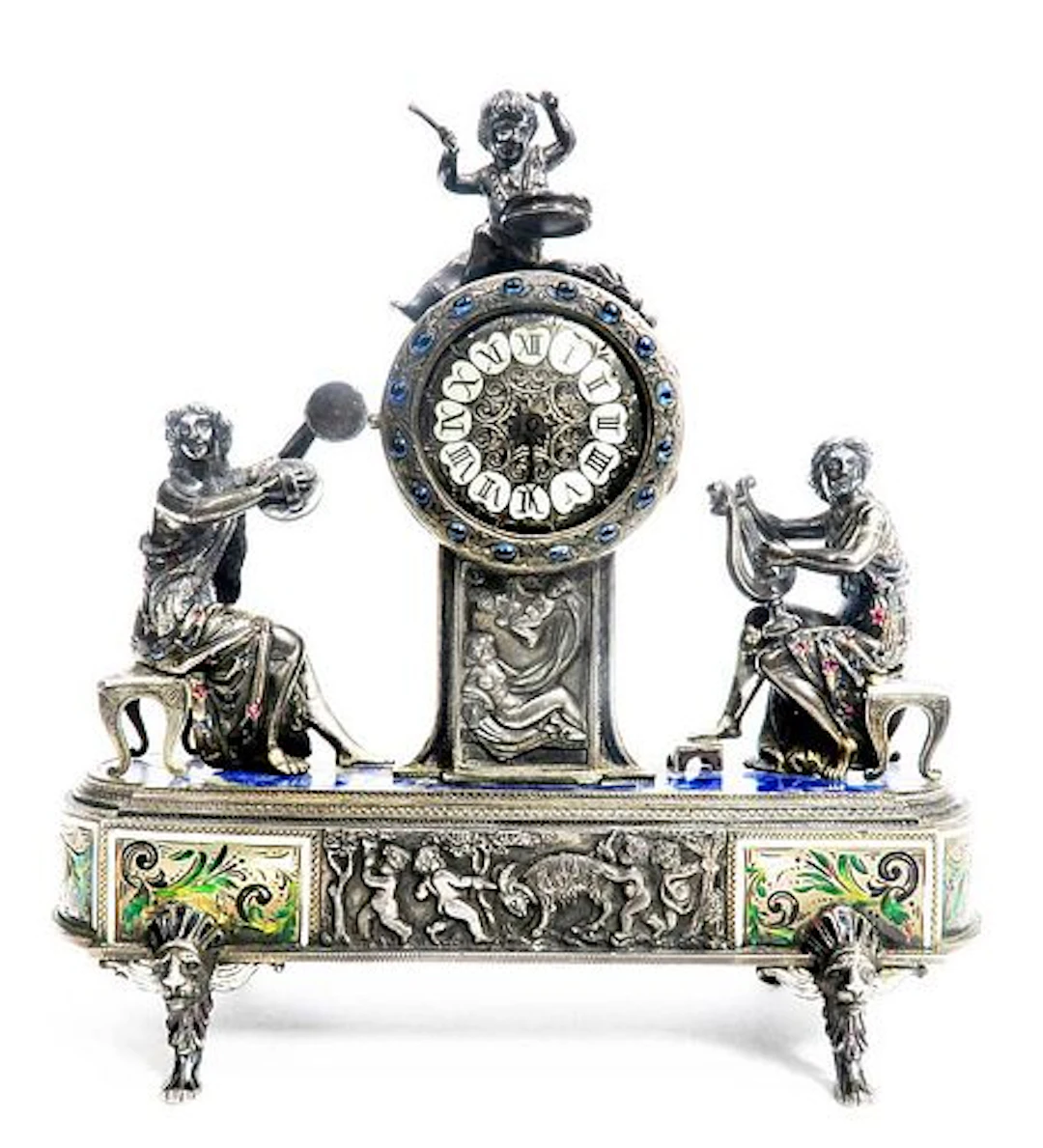 VIENNESE JEWELLED SILVER AND CHAMPLEVE ENAMEL MANTEL CLOCK