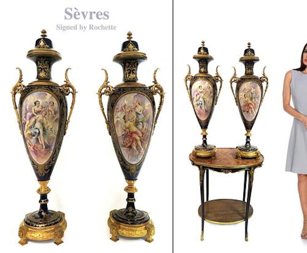 Large 19th C. Pair of Bronze Mounted Sevres Vases