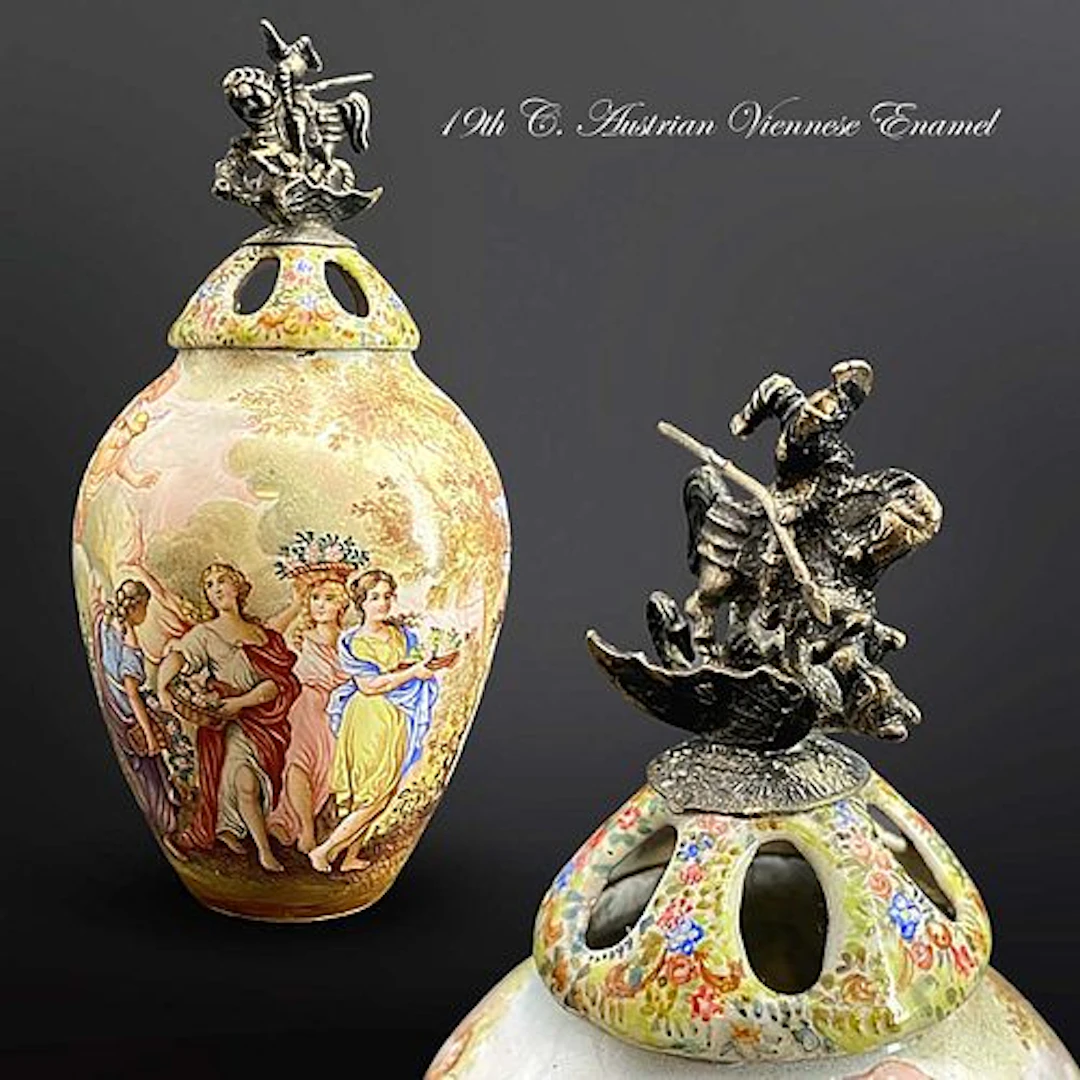 19th C. Austrian Viennese Hand Painted Enamel Miniature Jar, Signed