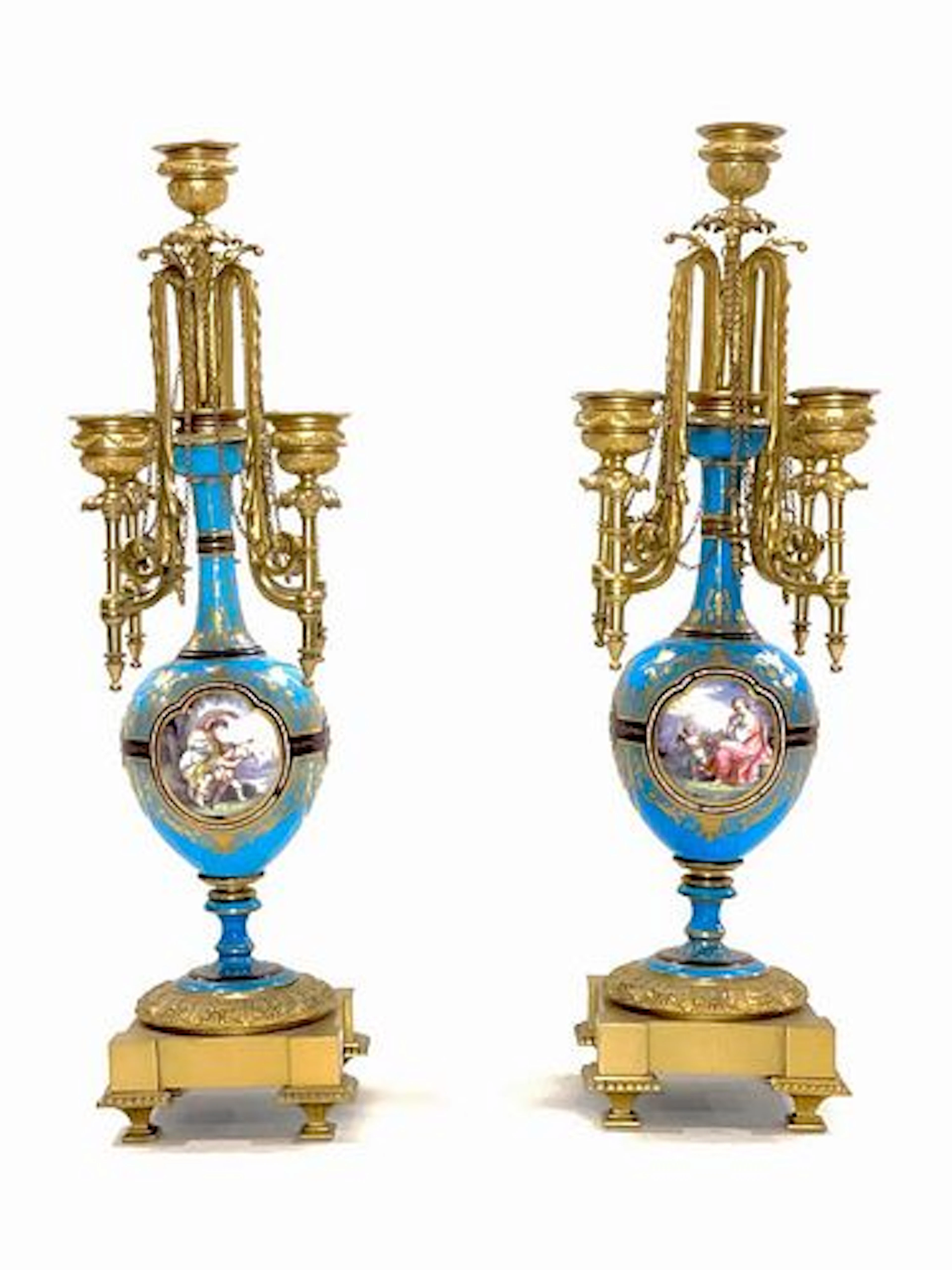 A Pair of 19th C. French Sevres & Bronze Candelabras