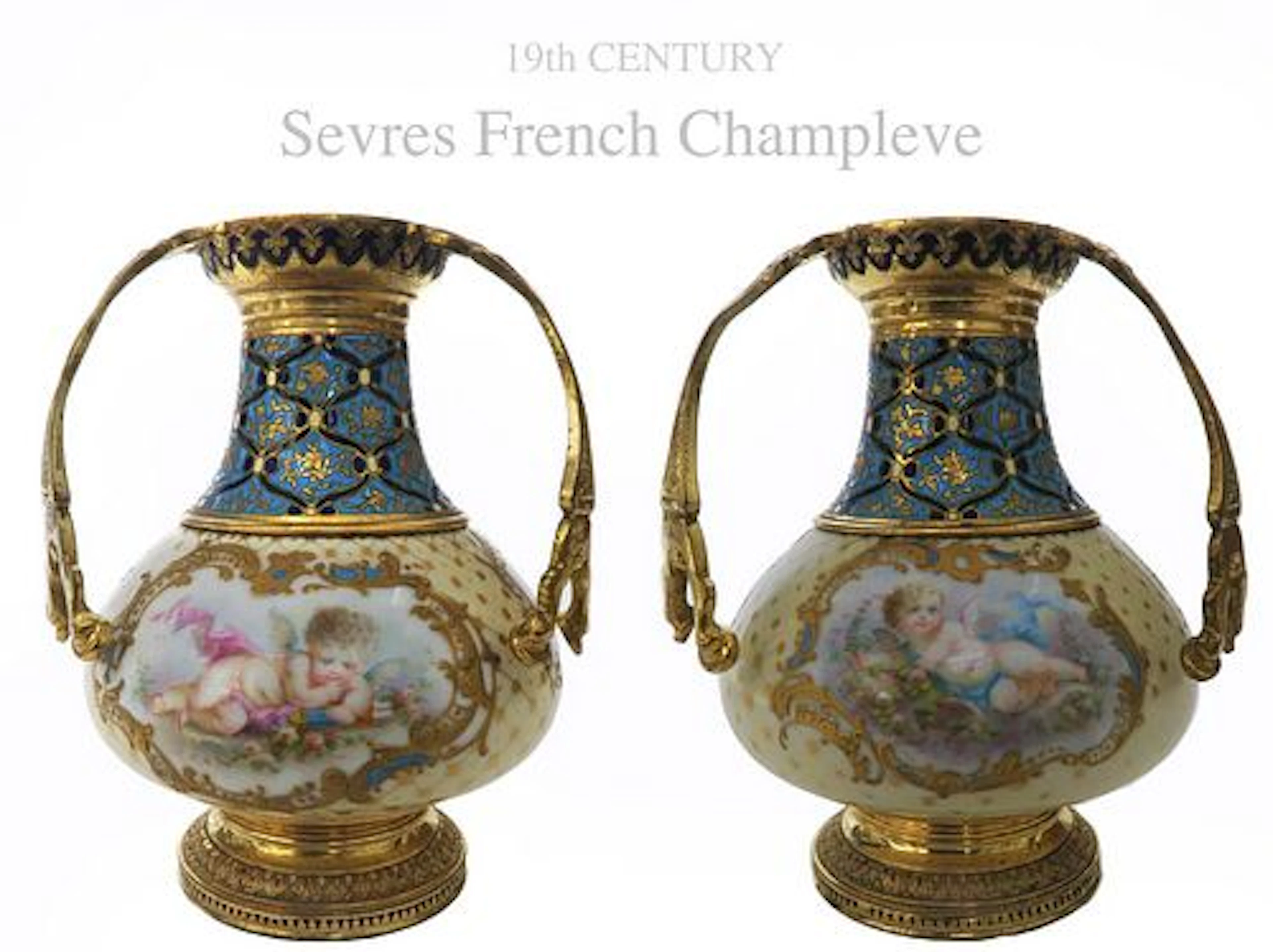 A PAIR OF CHAMPLEVE ENAMEL BRONZE & SEVRES VASES