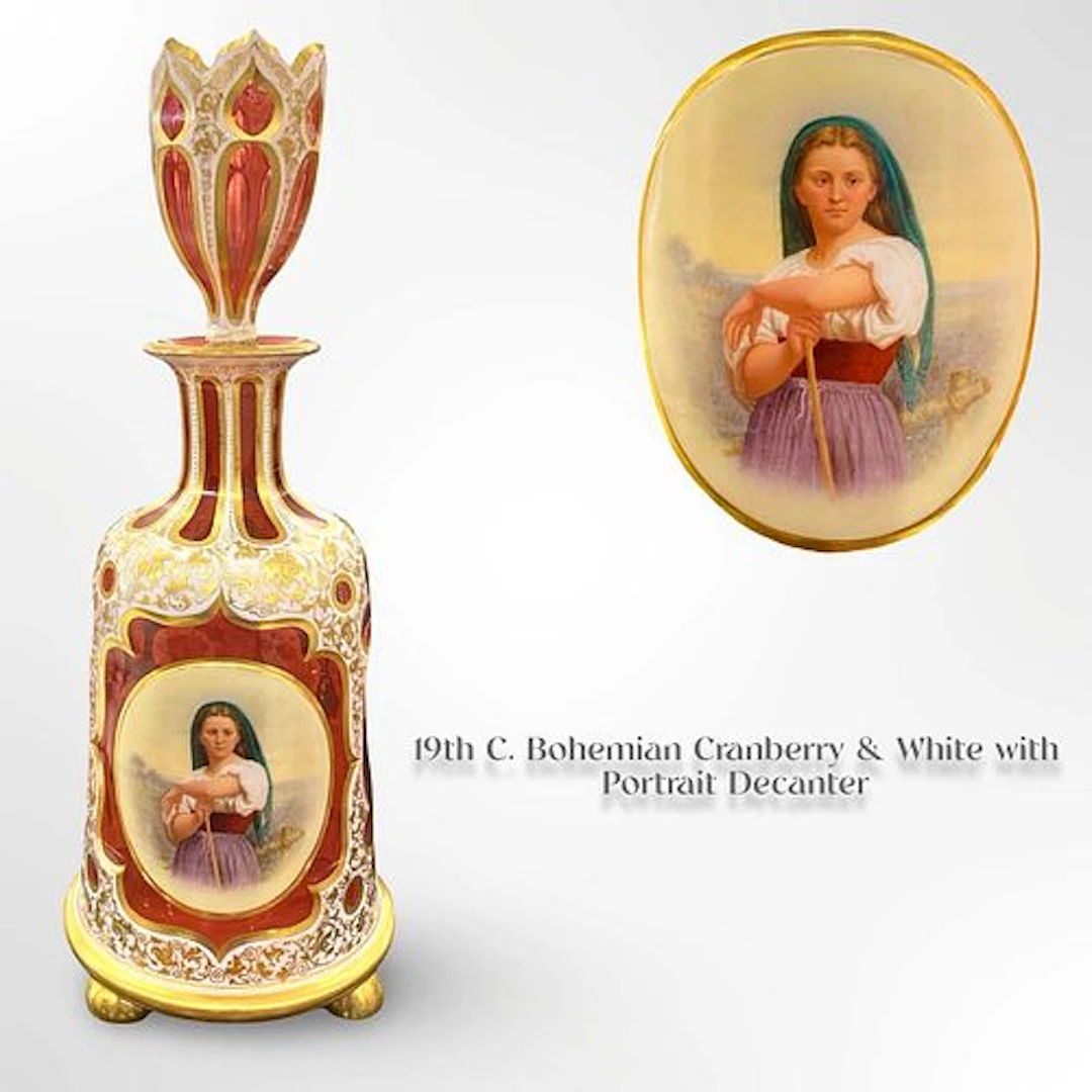 19th C. Bohemian Hand Painted Cranberry & White Art Glass Crystal