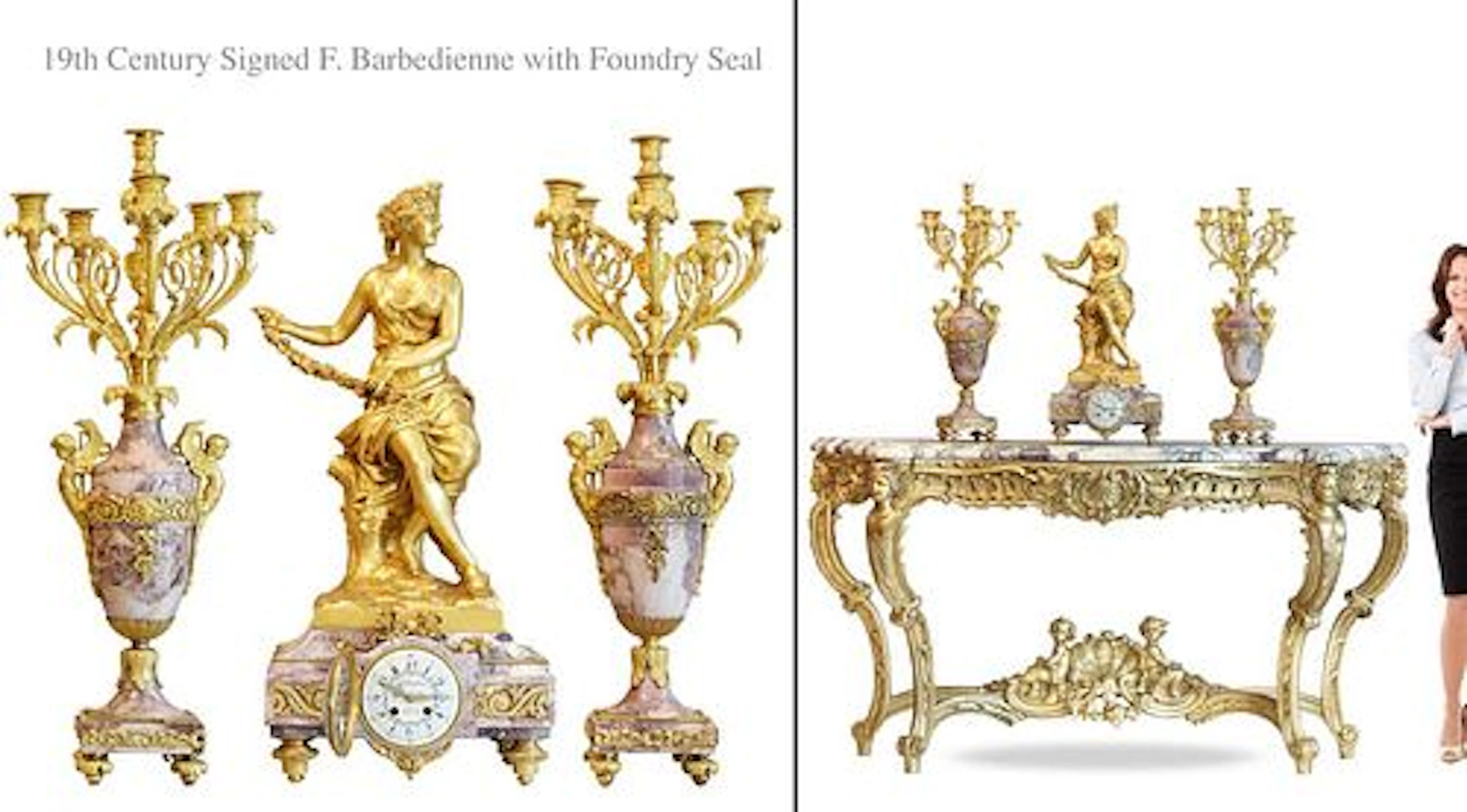19th C. French F.Barbedienne Gilt Bronze & Rouge Marble Clock Set