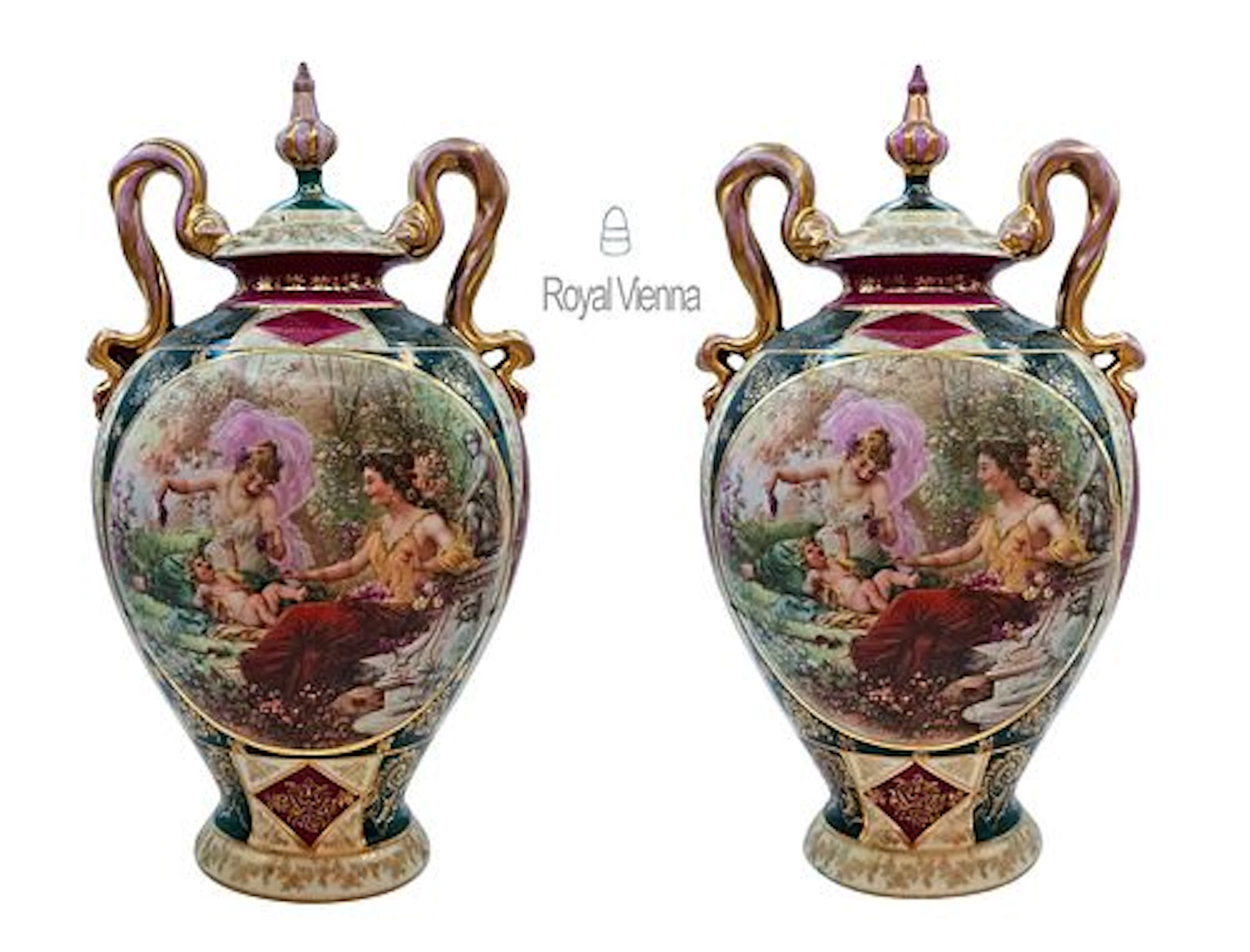Pair Of Royal Vienna Porcelain Vases With Lids