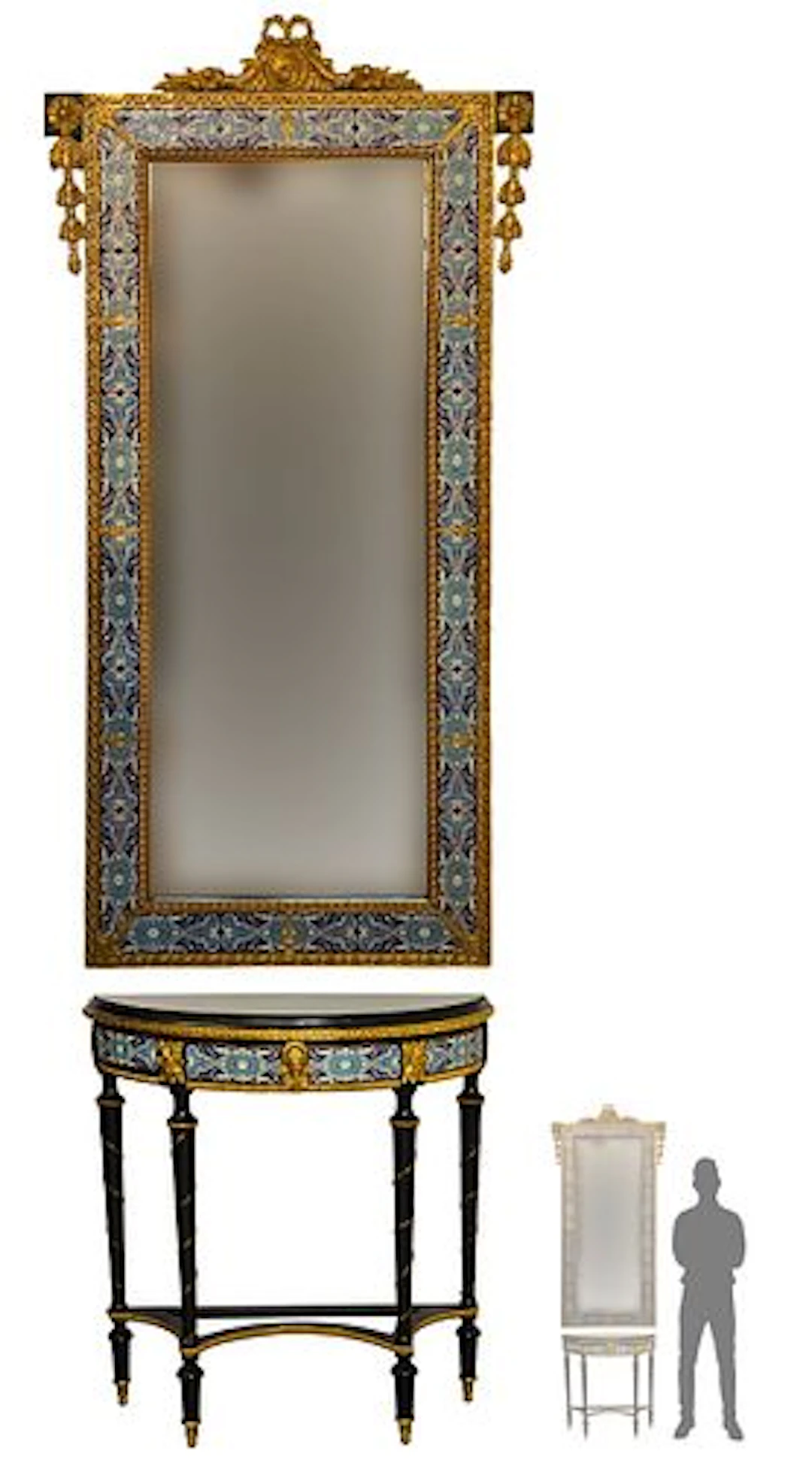 19th Century Enamel French Figural Bronze Mounted Console Mirror Set