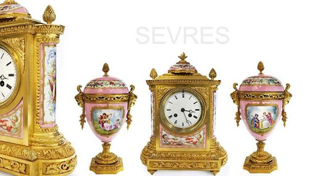 19th C. French Hand Painted Pink Sevres Mounted Bronze Clock Set