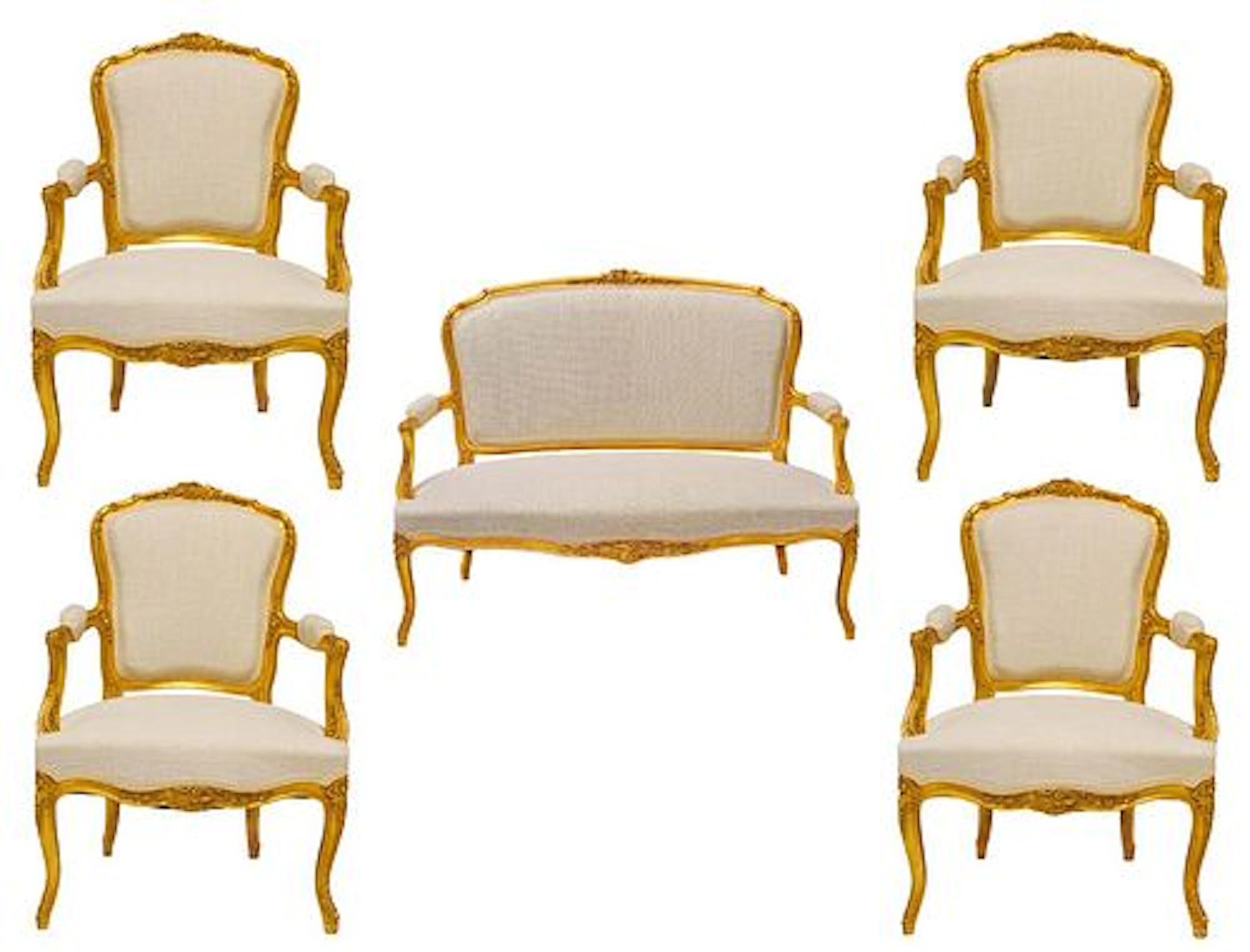 19th Century French Louis XV Parlor Set In Giltwood & Velvet