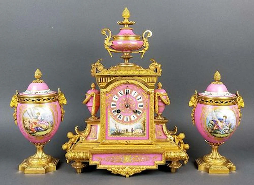 19th C. French Sevres Bronze and Porcelain Clockset
